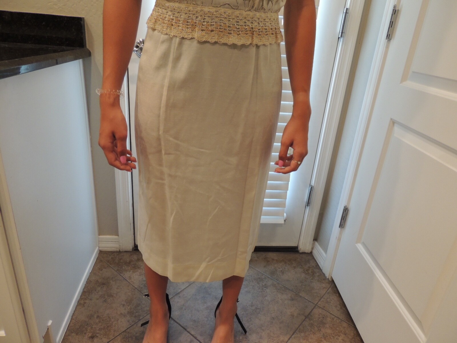 Vintage Paul Sachs Original Dress cream & gold accent fitted button back