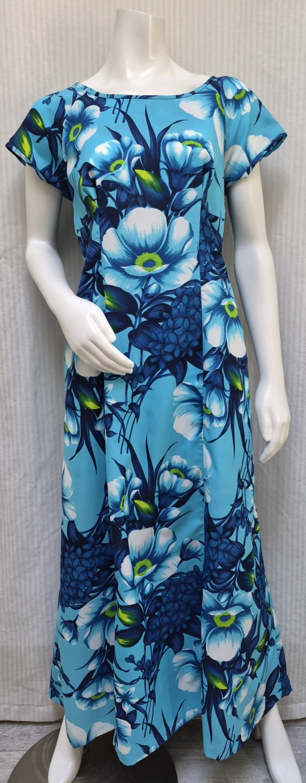 Vintage HAWAIIAN PALM Blue Floral Print Watteau-Back Maxi Dress – Size M/L – EUC