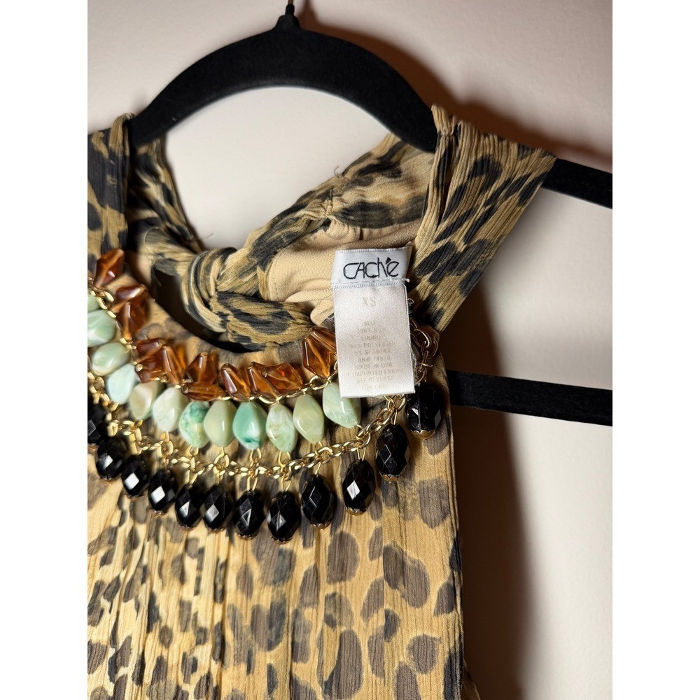 Vintage Cache Leopard Print Halter Top Beaded Bib Neck Smocked Blouse XS
