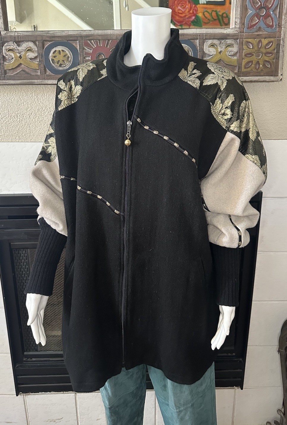 Vtg Wool Coat XL Lady Suzette Black Gold 80s Glam Zip Up Jacket Bat Wing Sleeves