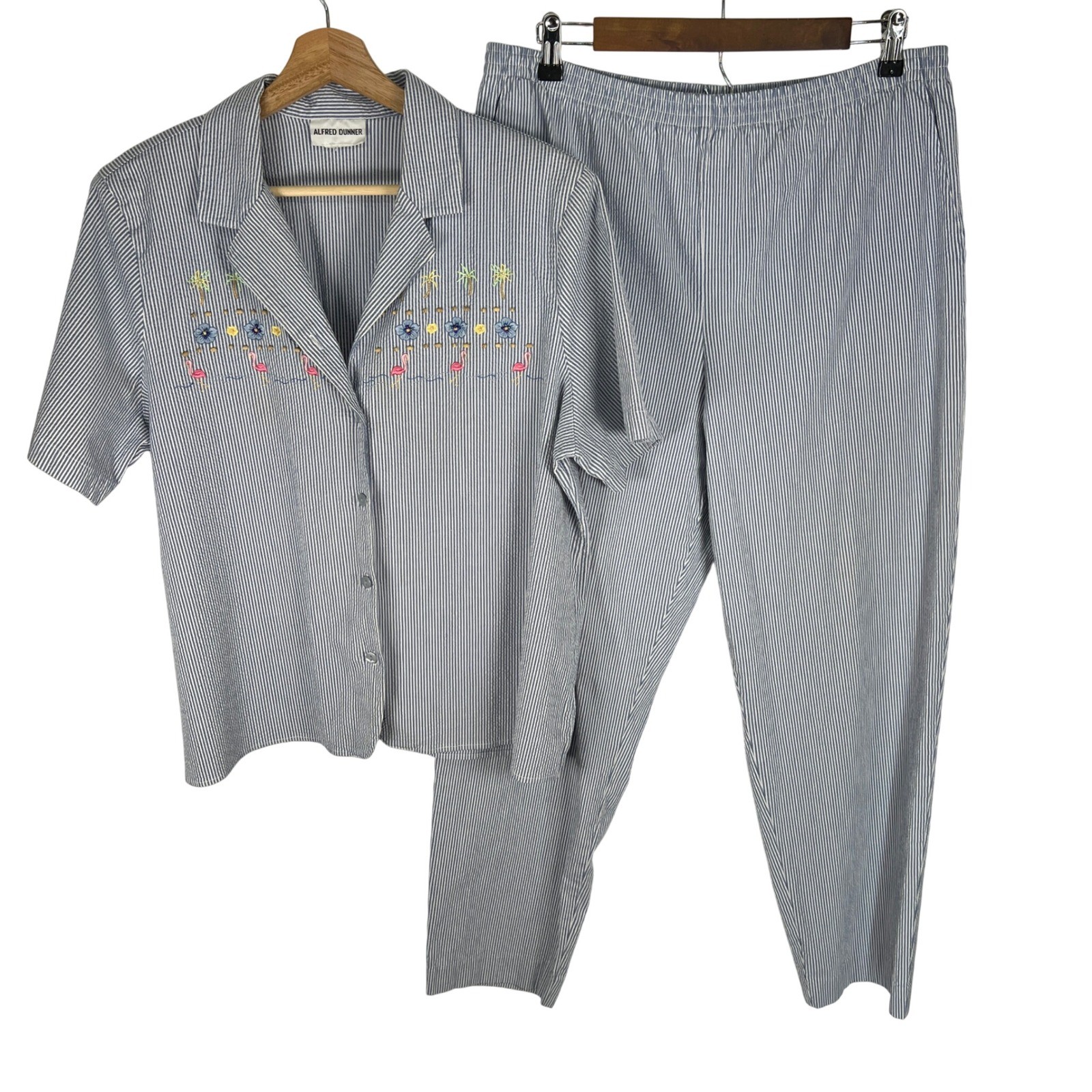 Alfred Dunner Blue White Seersucker Stripe Flamingo Tropical Pant Set Womens Vtg