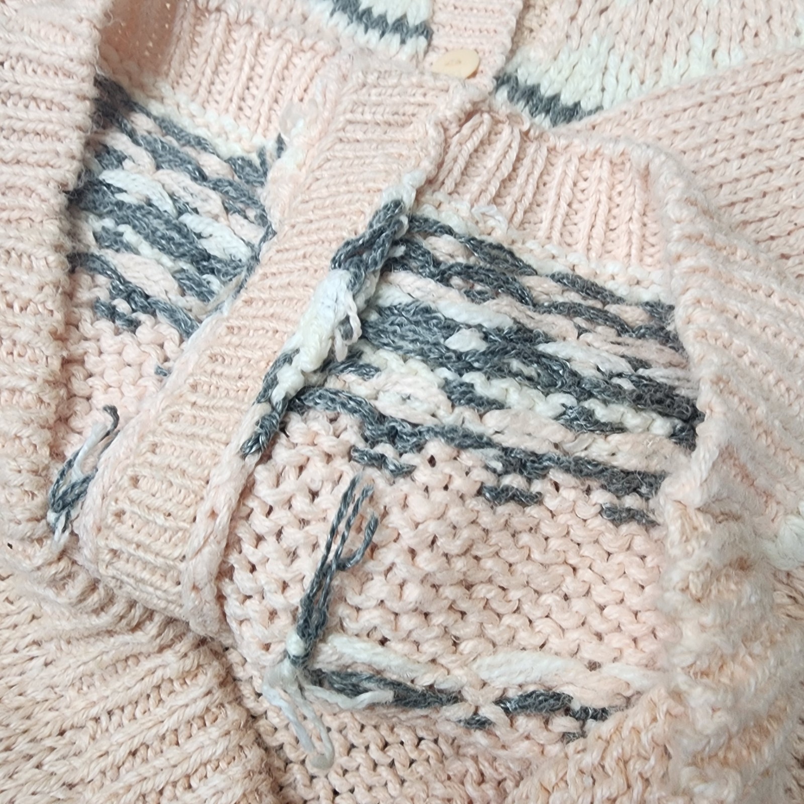 Vintage Knitted by Hand Sweater Size L Pale Pink Gray White Fair Isle Cardigan