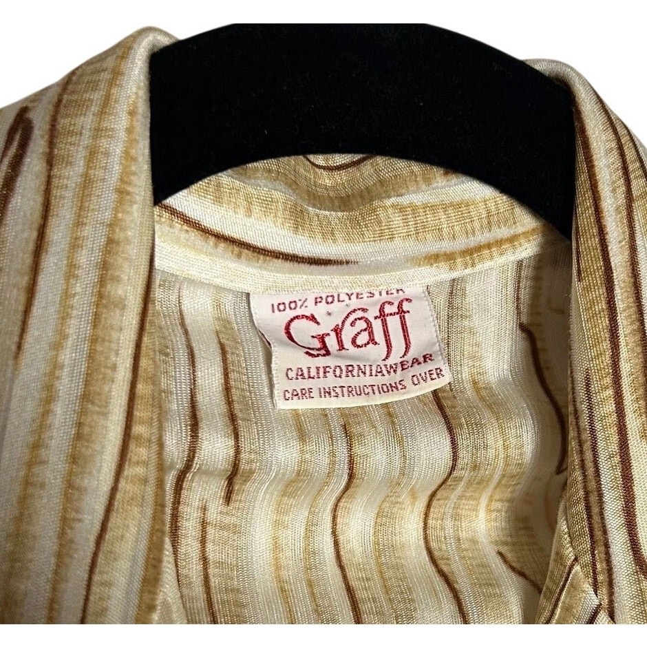 VTG 70s Graff Californiawear Faux Bois Wood Grain Blouse Dagger Collar S/M Disco