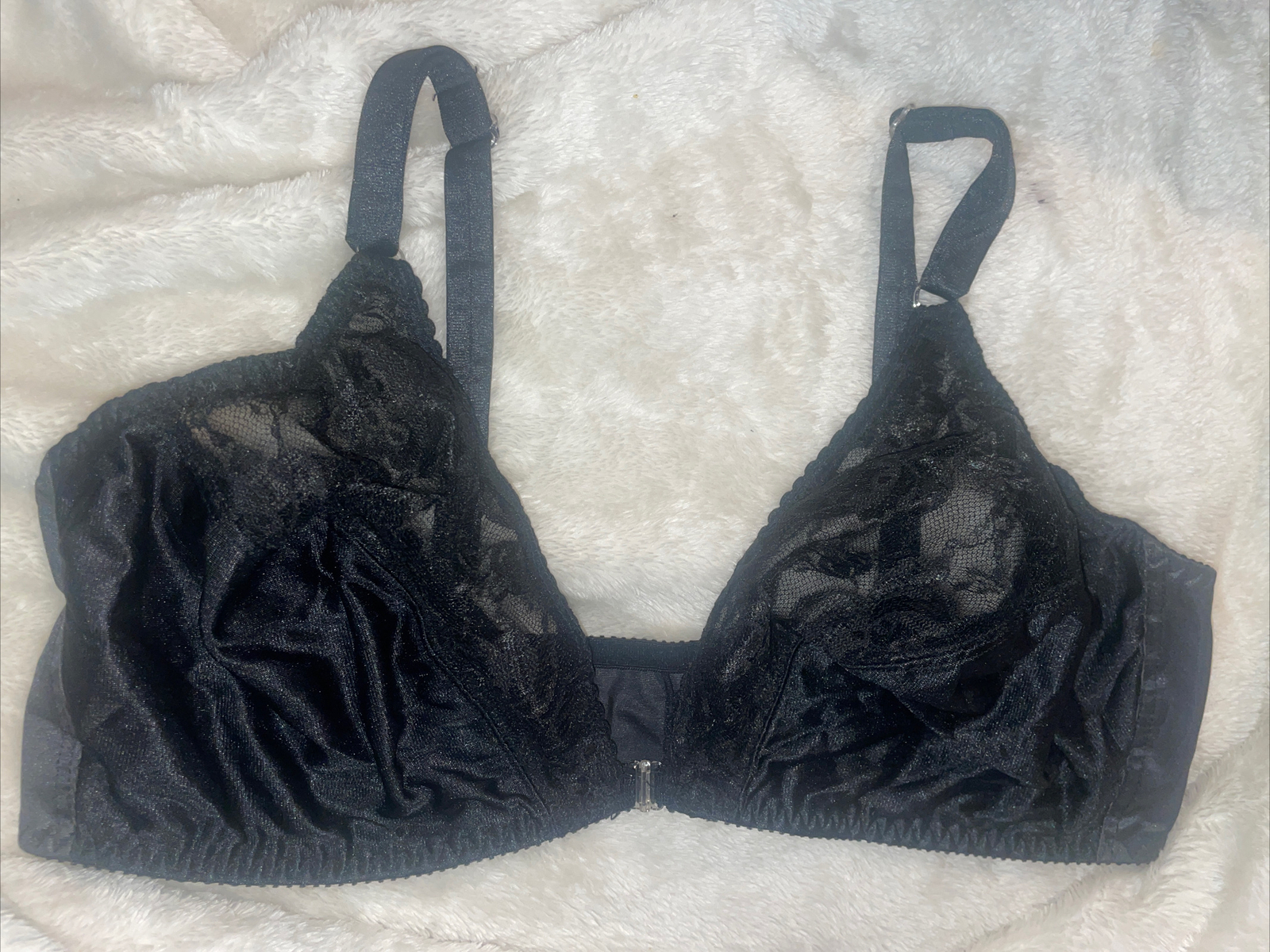 UNLINED WIRE FREE SILKY NYLON FRONT CLOSURE 90s SILKY BLACK BRA USA 42D