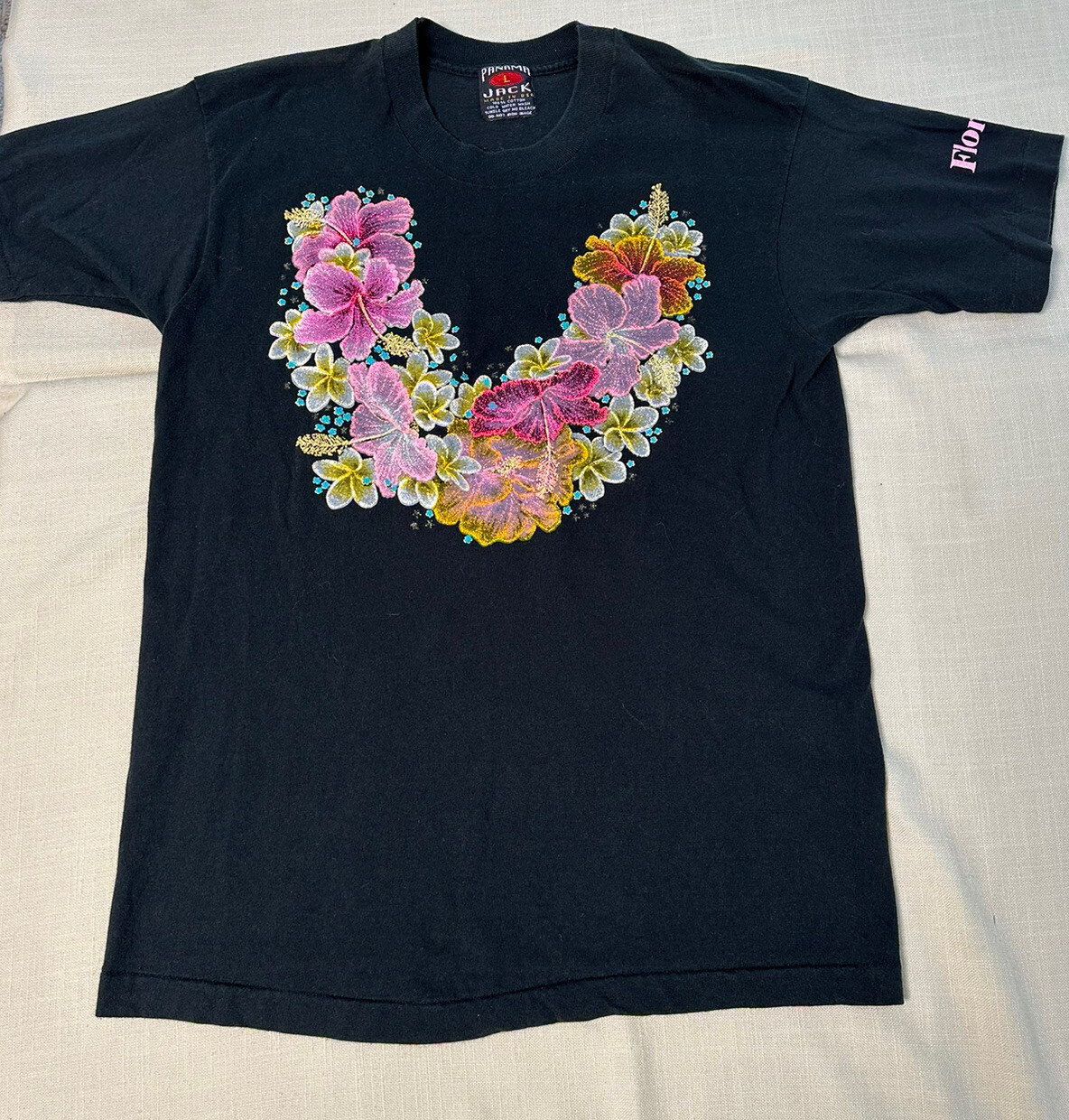 Vintage Panama Jack Florida Ladies Large Short Sleeve Black Floral T Shirt