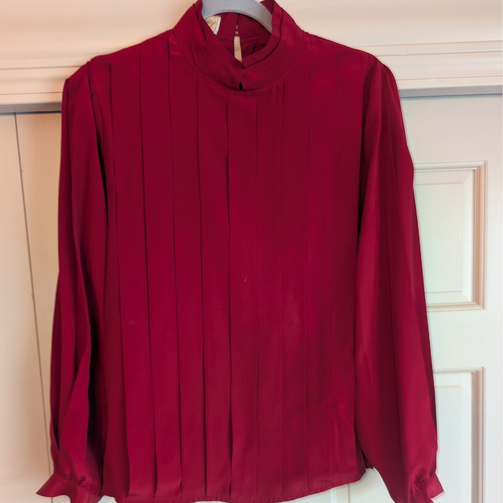 Vintage Silk Blouse Red Pleated High Neck Long Sleeve Elegant Top