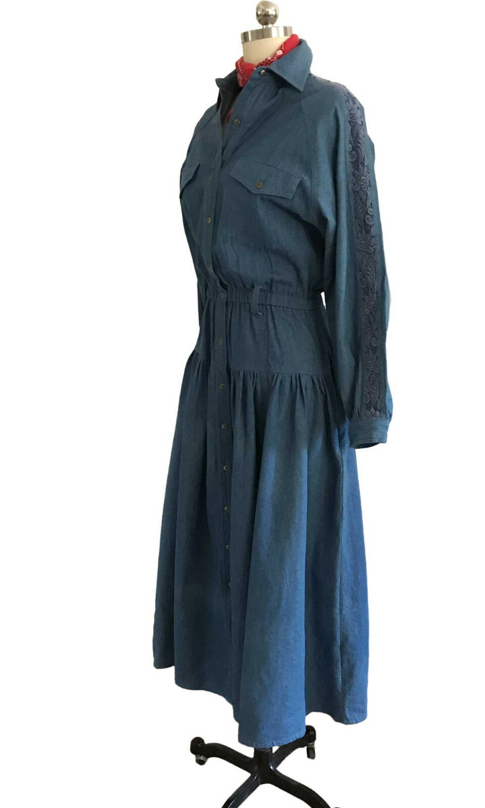 Vtg 80s Cowgirl Dress TOGETHER! Denim Button Front Lace Insert Wide Sweep tag 8