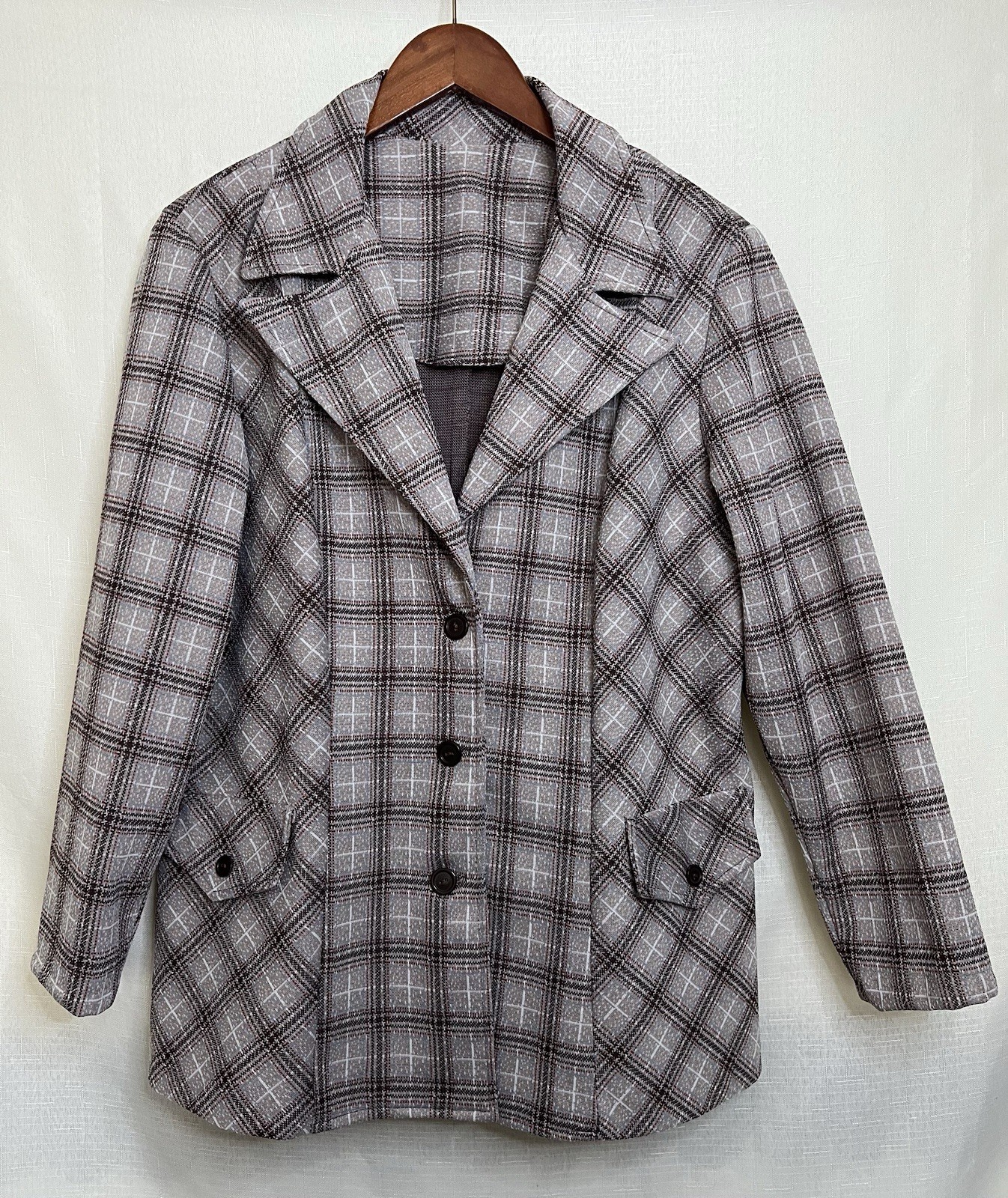 Vintage 70s Gray Plaid Checked Blazer Jacket Size L Faux Pockets Lightweight