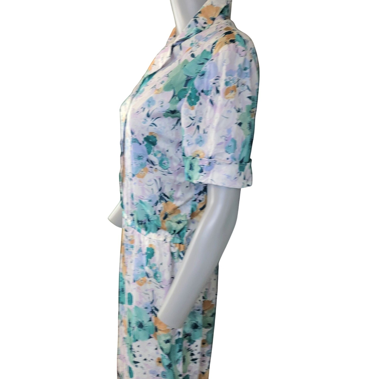 Vintage 70s Nylon Midi Shirt Dress Women Large 12 14 Blue Floral Collar Spring L