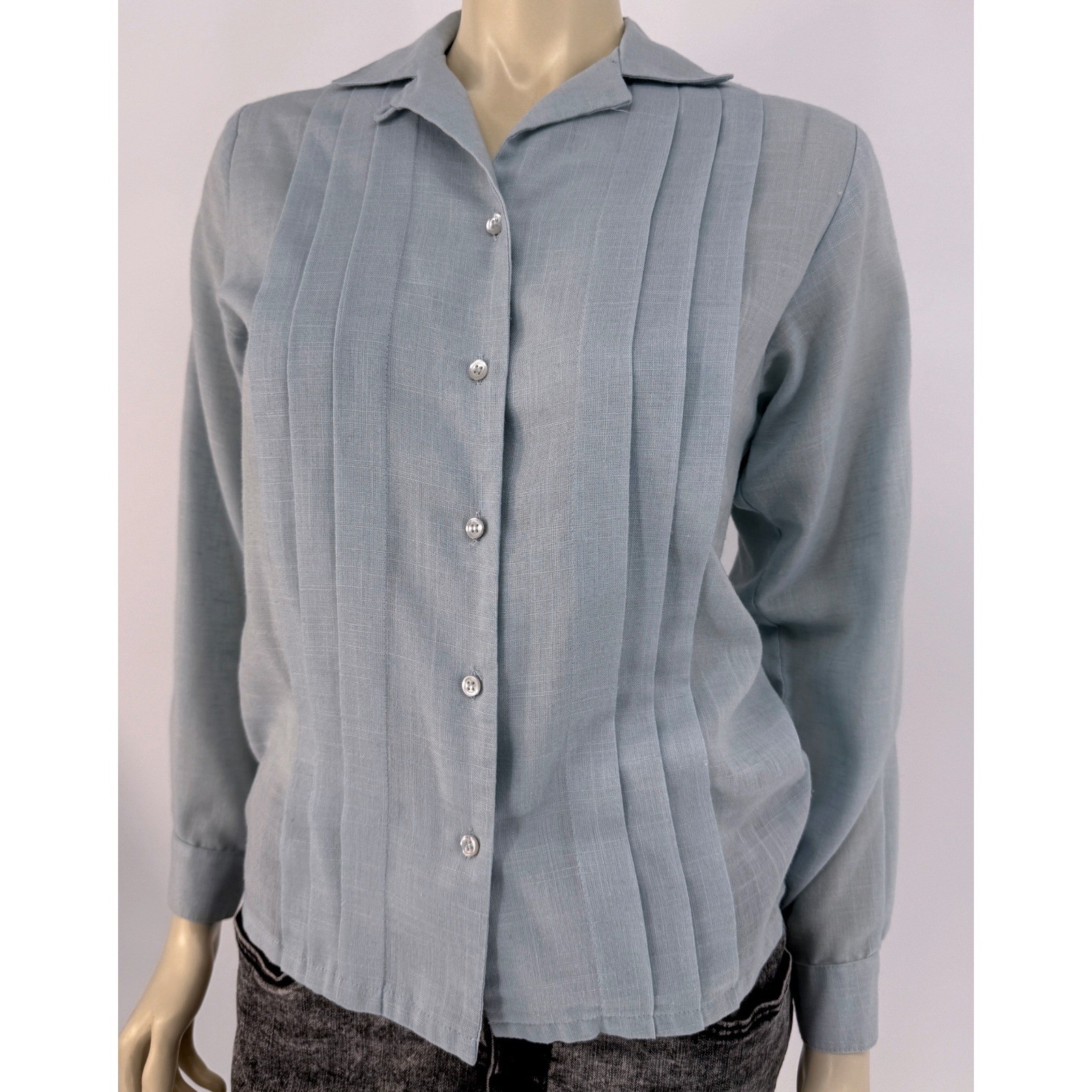 Vintage Late 70s Early 80s Panther Pintuck Rayon Linen Blend Blouse Powder Blue