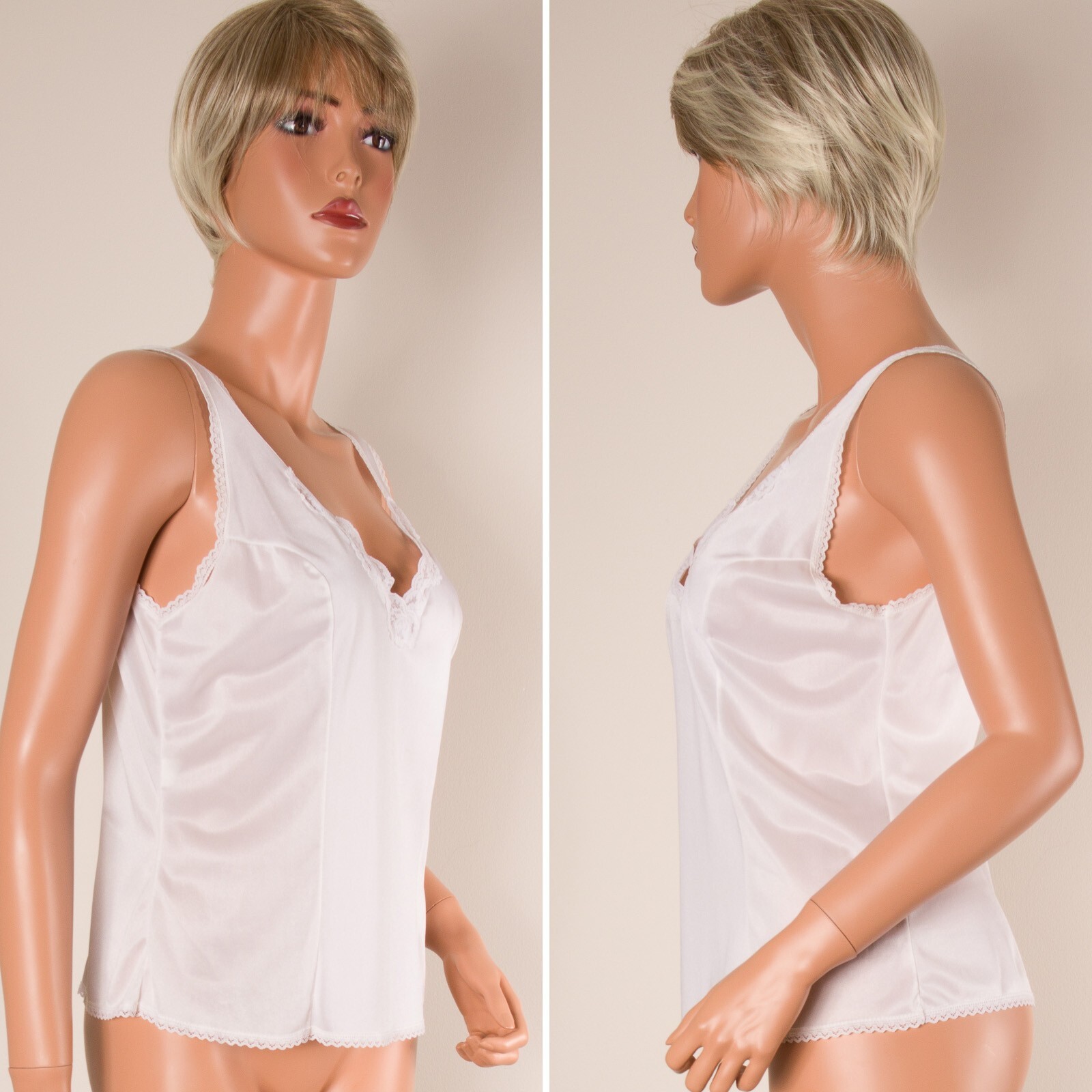 💖 FORTUNE Sz L Cream Off White Cami Tank Top V-Neck Silky Nylon Lace Trim