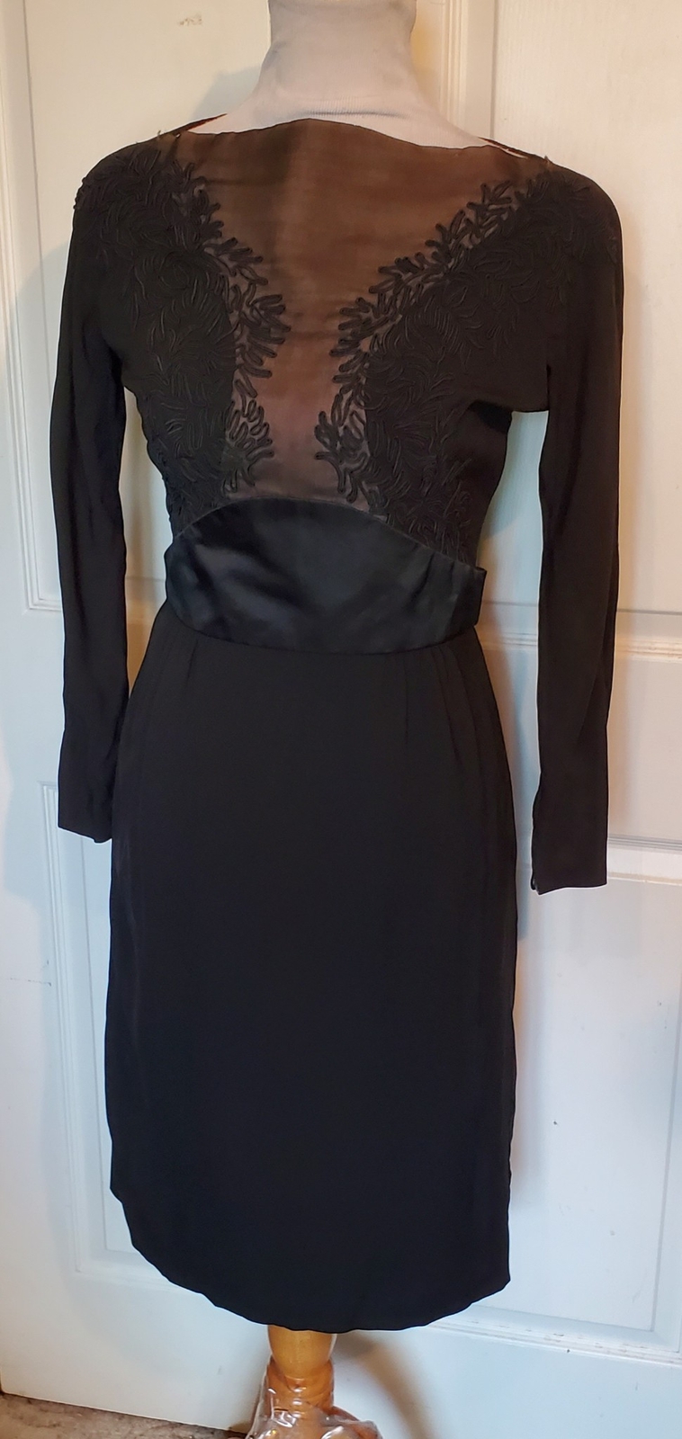 Vintage 50s 60s Black Rayon Illusion Dress Bramson Ribbon Trim B36