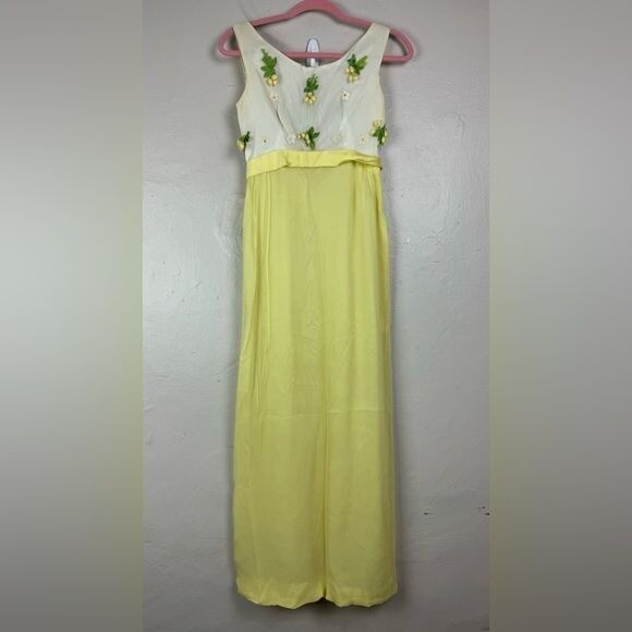 Vtg 60s Yellow Sleeveless Long Dress Floral Pearl Detail SIZE XS/S costume party