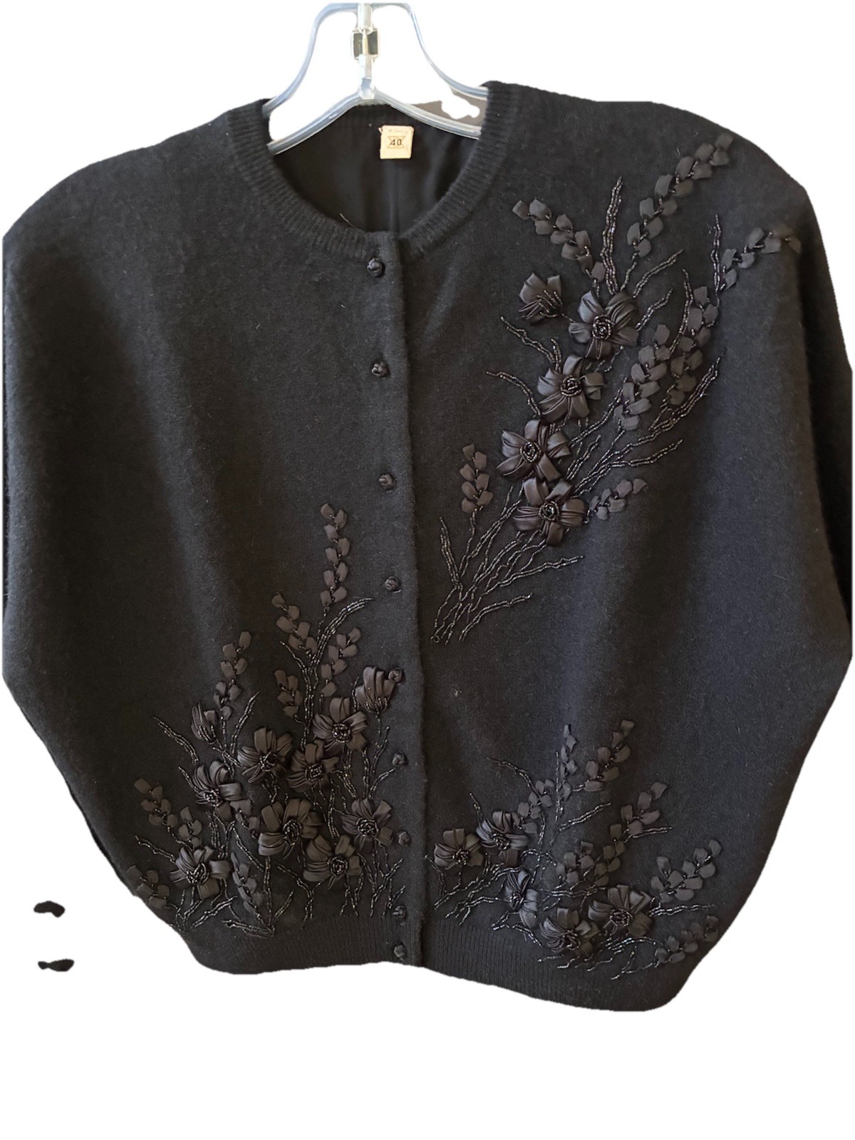 Vtg 60’s Black Cardigan W/3D Fabric Flowers&Beads Lambswool/Angora MINT Sz 40