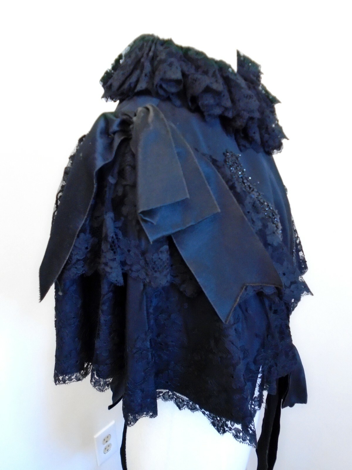 Original c 1870/1890 Victorian Silk Satin Cape Jet Beaded Ribbon/Lace Ruffles