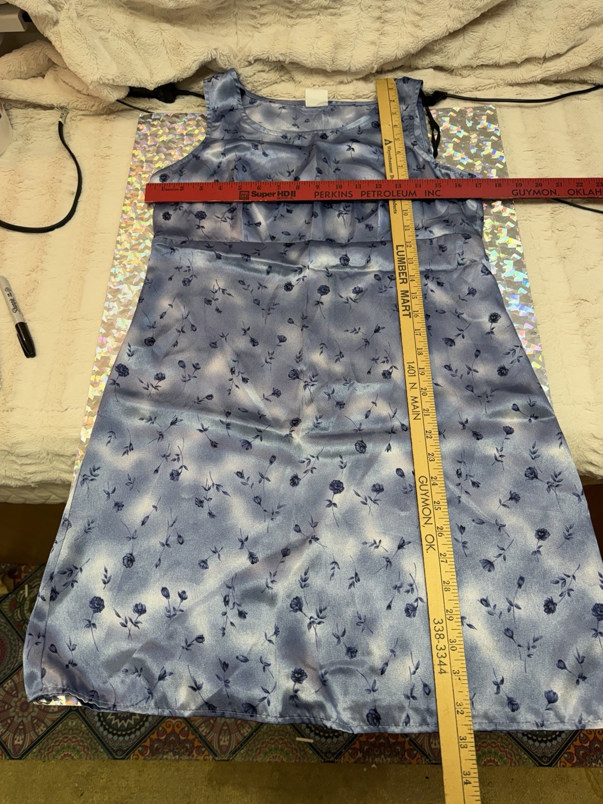 VTG Y2K 90s Cottage Romantic Blue Floral Satin Empire Bust Sleeveless Dress 5/6