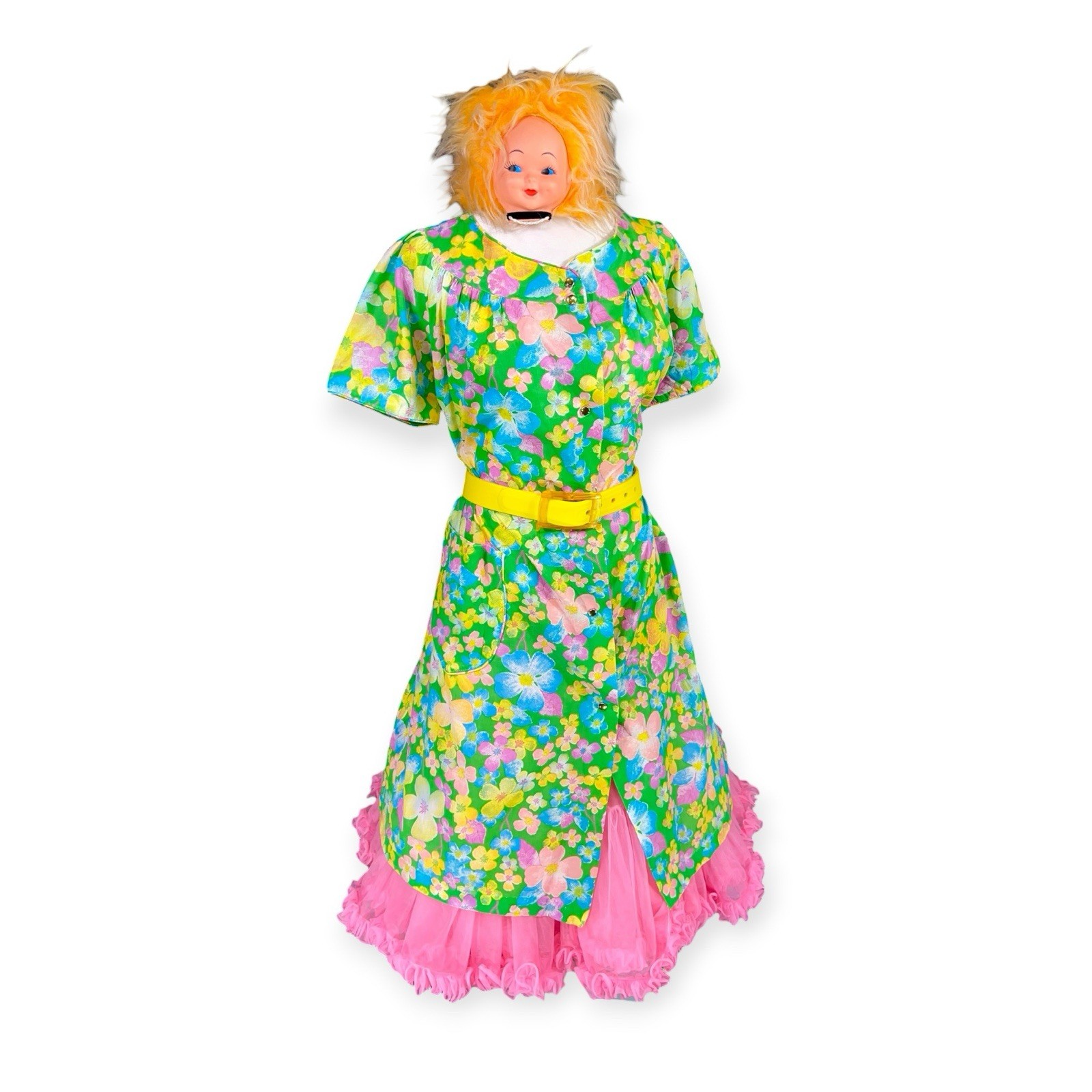 VTG 1960s MUUMUU FLOWER POWER HAWAIIAN HOUSE DRESS HIPPIE MOD ROCKABILLY W/ BELT