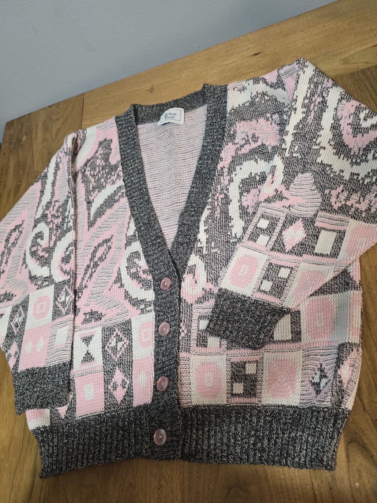 Vtg 90’s Brittony Brand Slouchy Pink Gray & White Knit Cardigan See Measurements