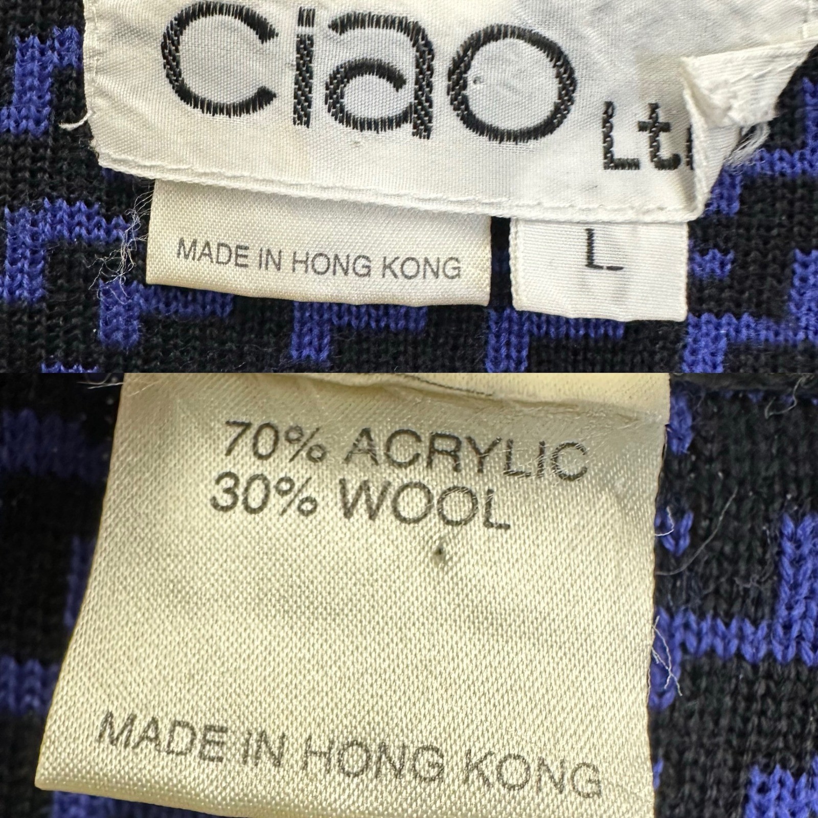 Ciao Ltd Vintage Cardigan Womens Large Blue Black Houndstooth Wool Blend Knit