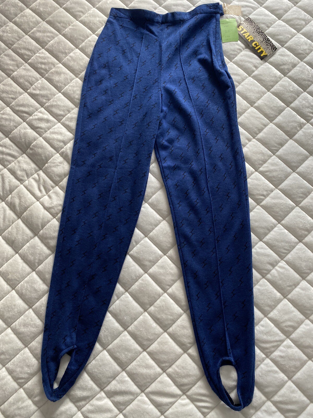 Vintage NWT 1980s Star City Blue Stirrup Pants Lightning Bolt Pattern Small
