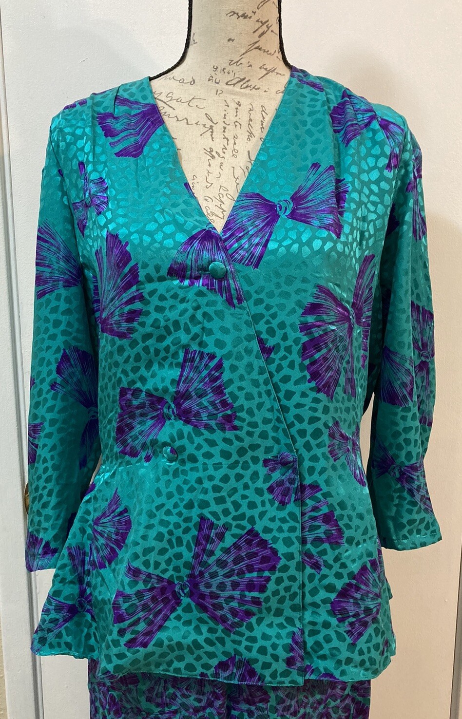 NORA NOH Asymmetric Blouse Maxi Skirt Set 100% Silk Jewel Green Purple Vtg 14