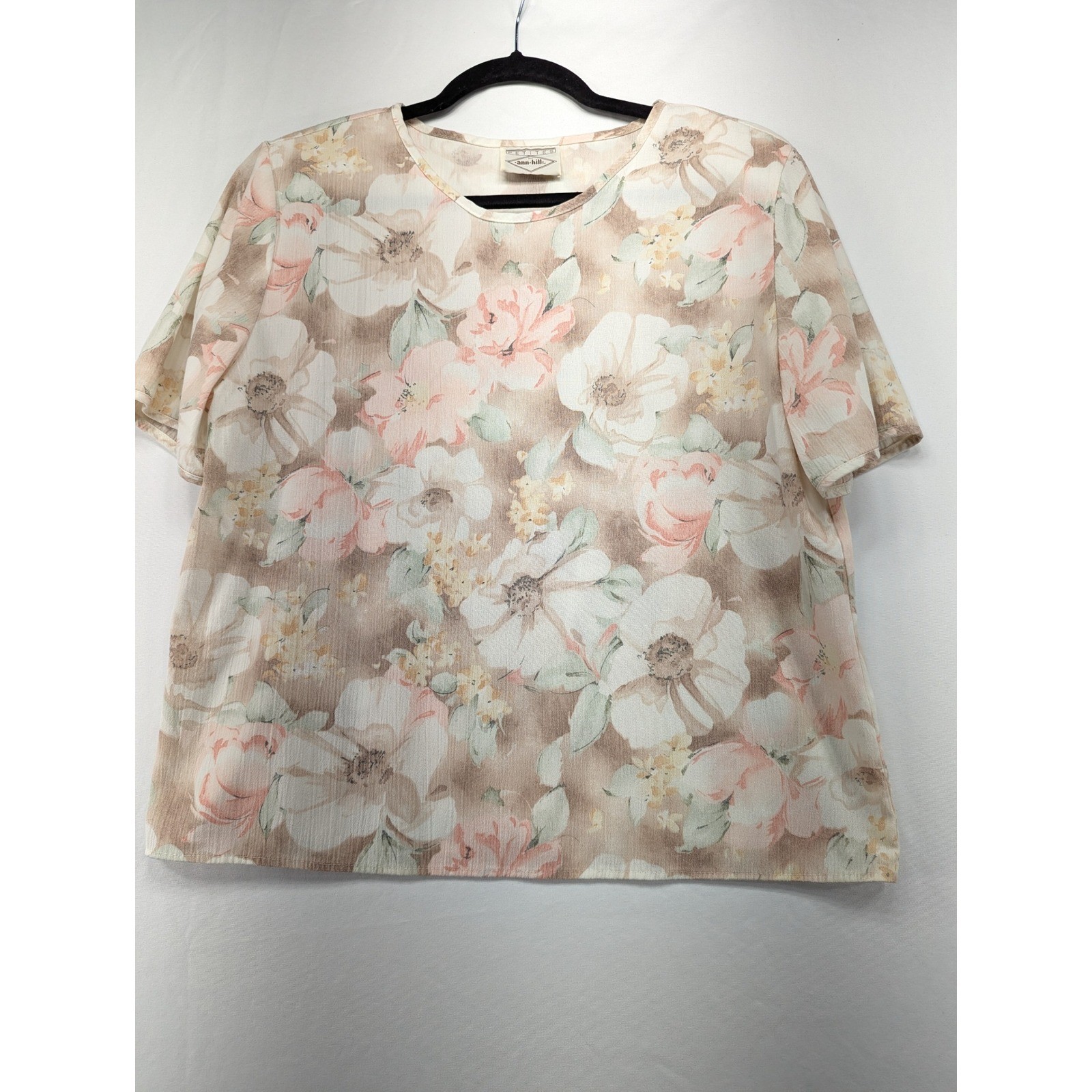 Petites by Ann Hill Vintage Floral Blouse Short Sleeve Peach Tan Medium