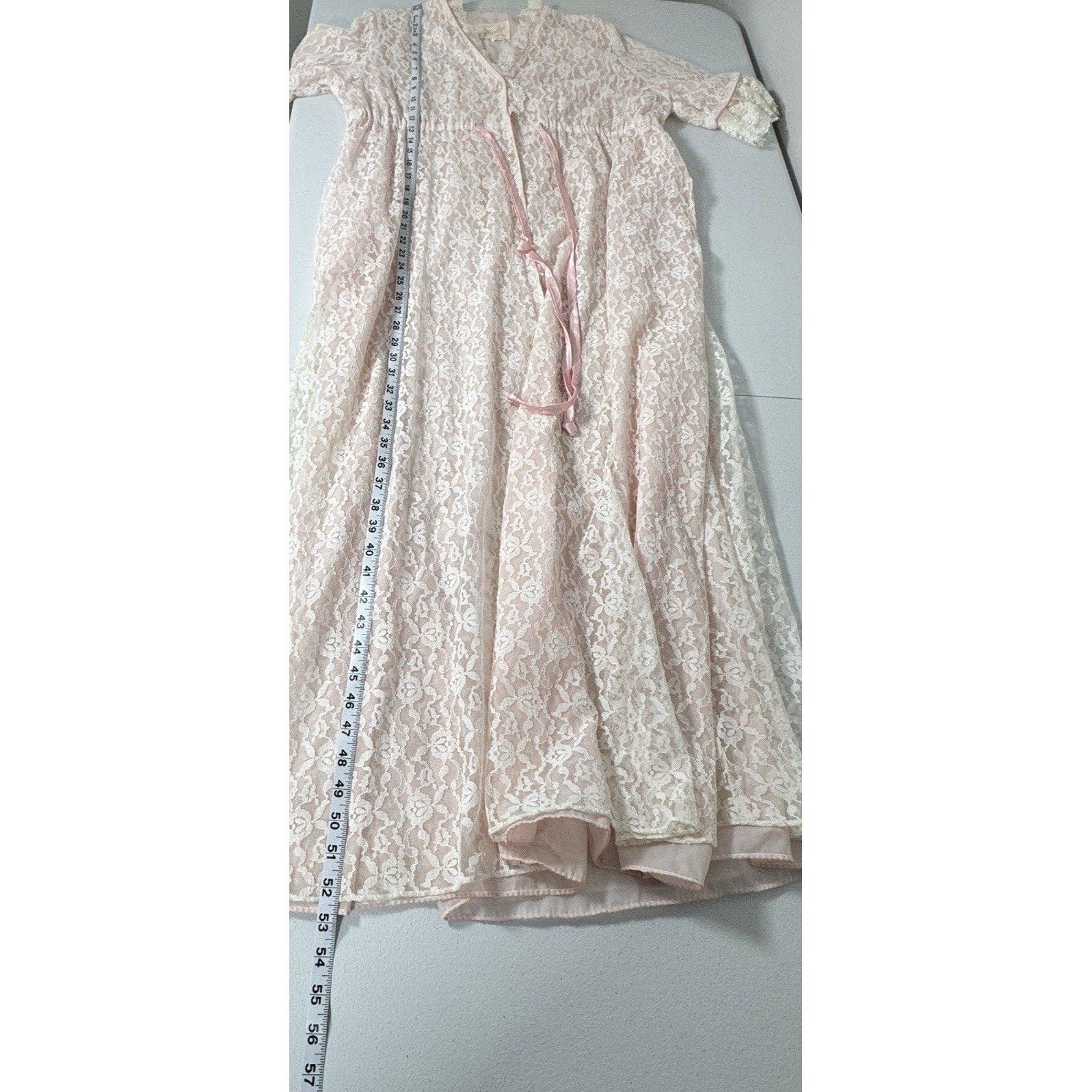 Vintage Pink Lace Maxi Robe Sheer Overlay Pockets Tie Waist Romantic M READ
