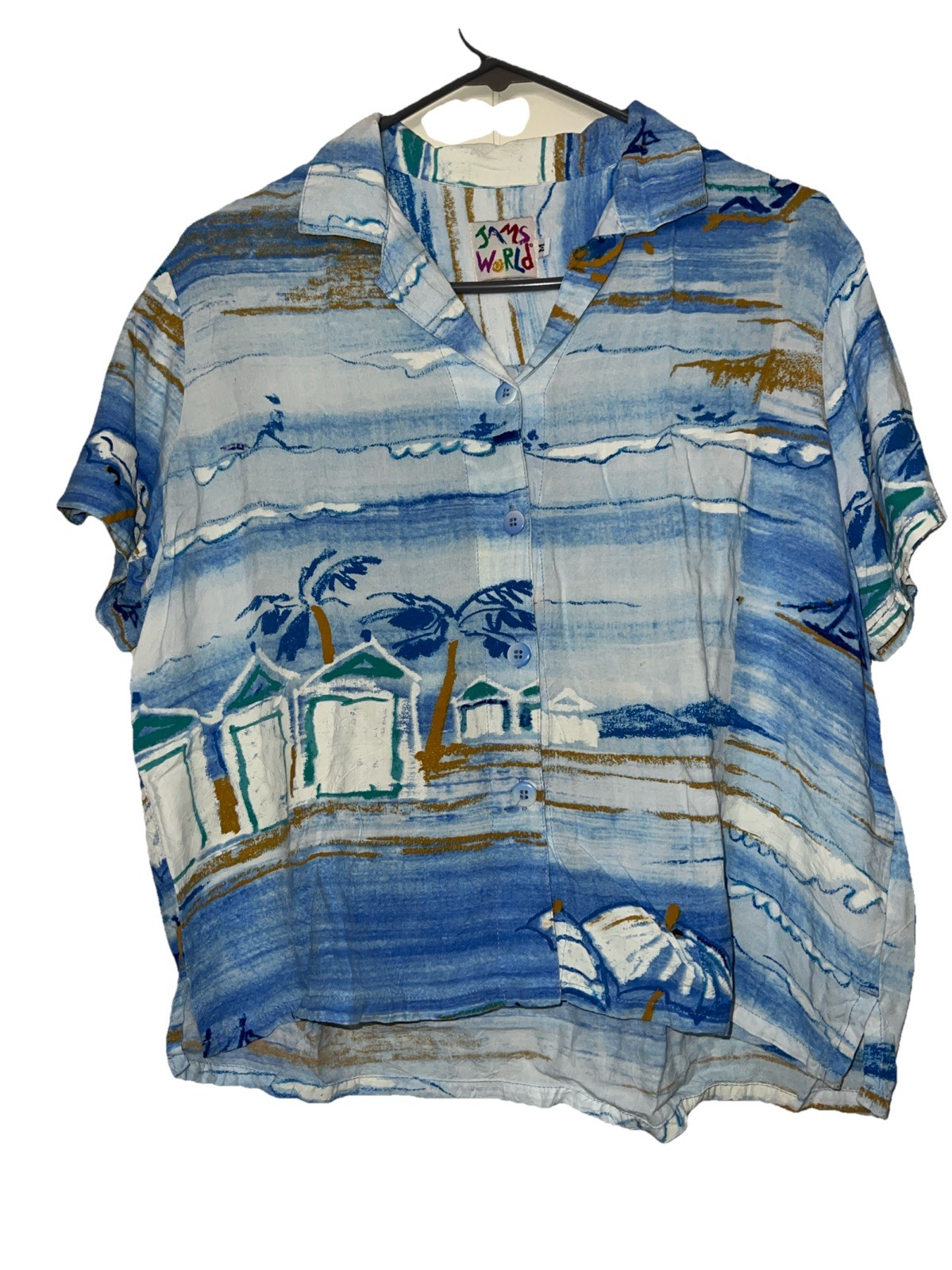 VTG 80s 90s Jams World Mist Pattern Women’s Button Up Shirt Blue Hawaiian Print