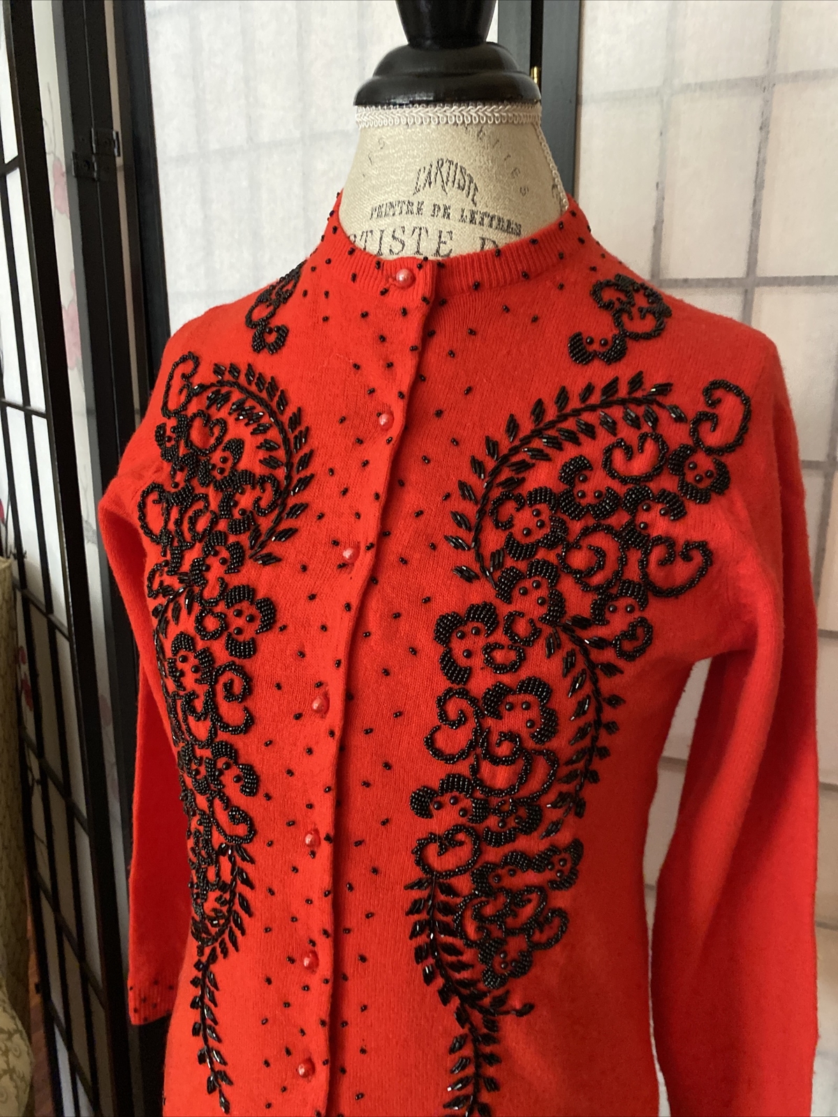 Vintage 40/50’s Stunning Red Blk Beaded Embellish Sweater 38=M/L (36” Bust)