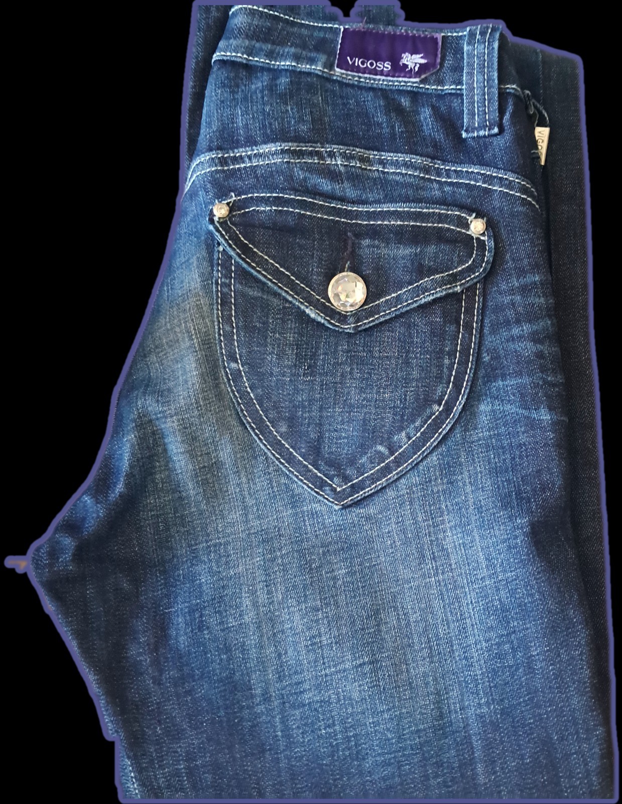 VIGOSS ~Women’s Blue Straight Denim Jeans Size 7 . 5-Pockets Button Logo Accents