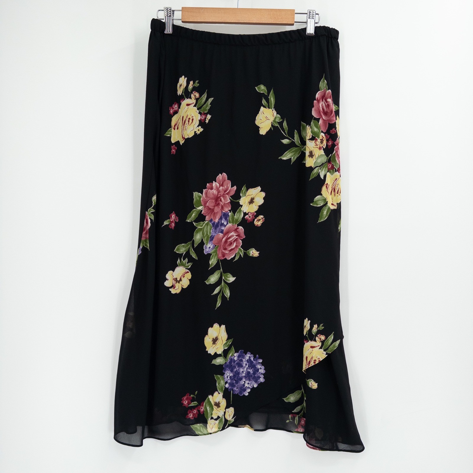 Vintage Floral Maxi Skirt Womens 16W Black Chiffon Y2K Whimsigoth Flowy Romantic