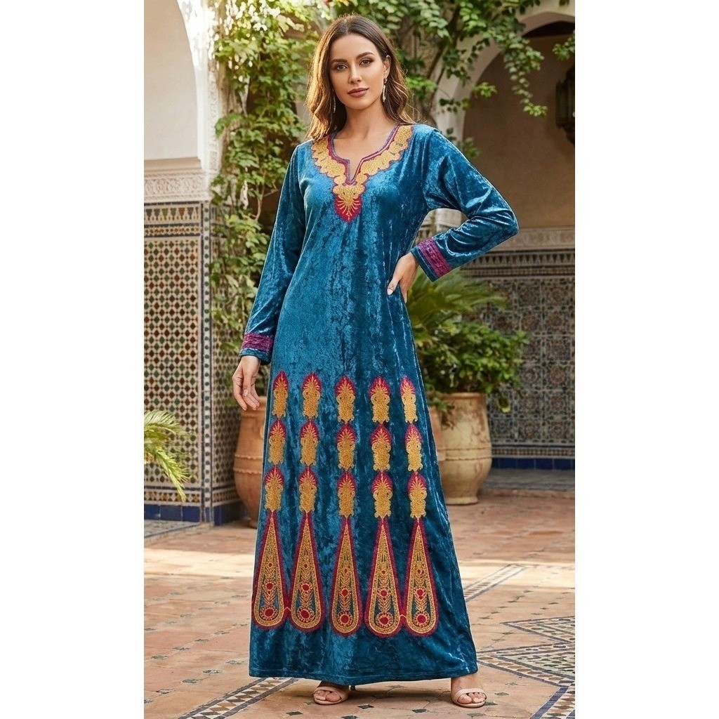 Willow Ridge Maxi Dress Womens 14 Embroidered Teal Velvet Kaftan Boho Long Slv