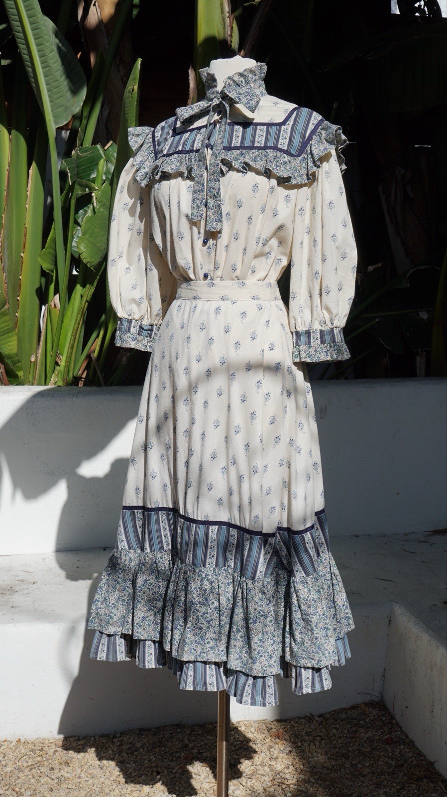 Vintage 1970s Calico Prairie Two Piece Set Puff Balloon Sleeve Blouse Skirt