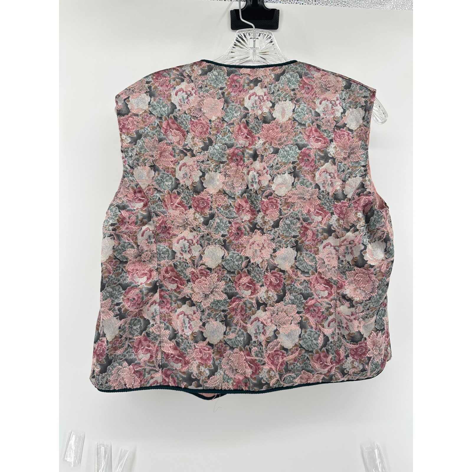 Vintage Handmade Floral Tapestry Vest Pink Rose Brocade Open Front Cottagecore