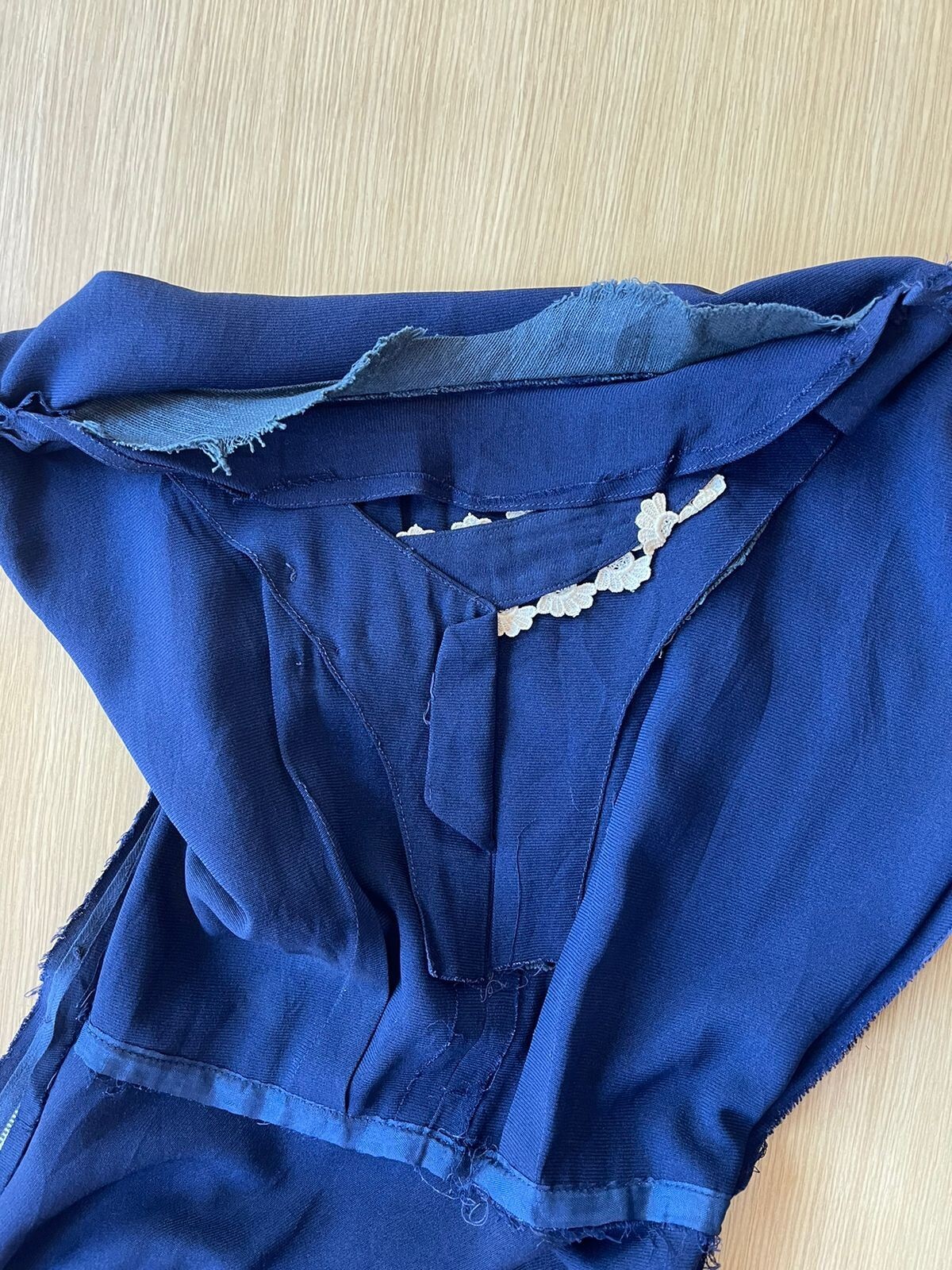 40’s 50’s Navy-Blue Rayon Lace-Beaded Collar Dress Lady Petite Size S/M