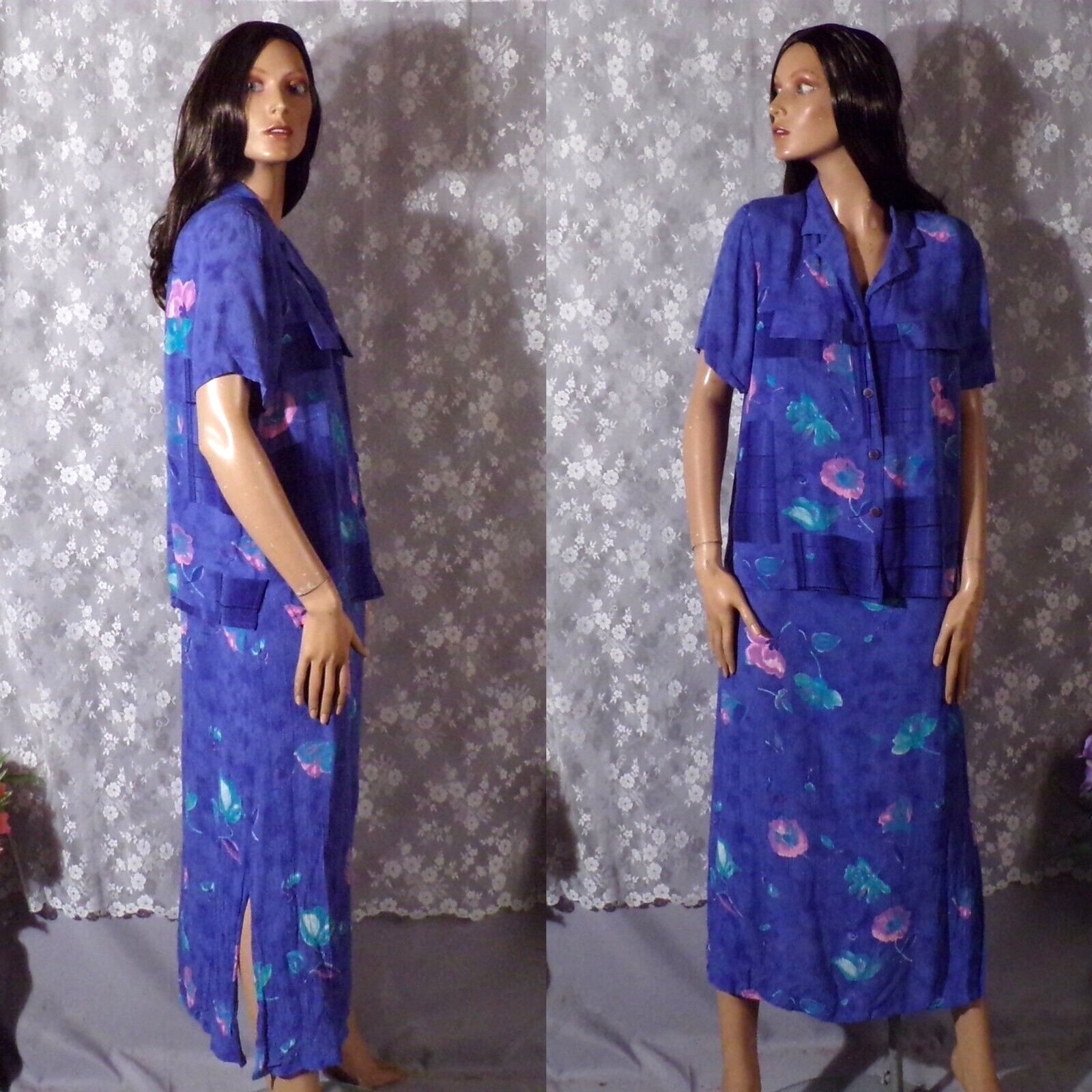 Vintage 90s Blue Floral Dress & Top Size Medium Retro 1990s Boho Watercolors