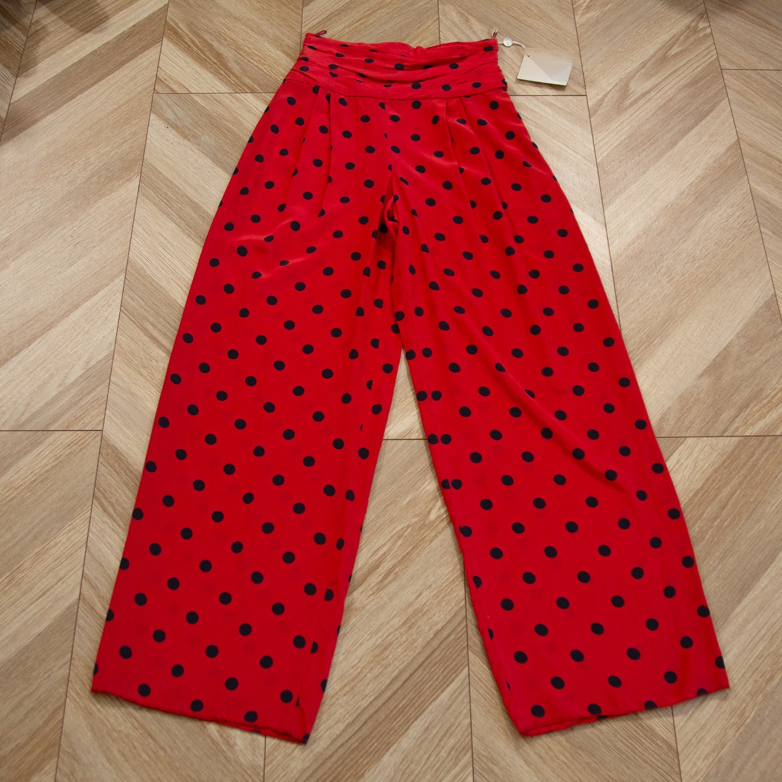 Vintage Dior Red Silk Black Polka Dot Wide Trousers NWT UK 8-10/US 4-6
