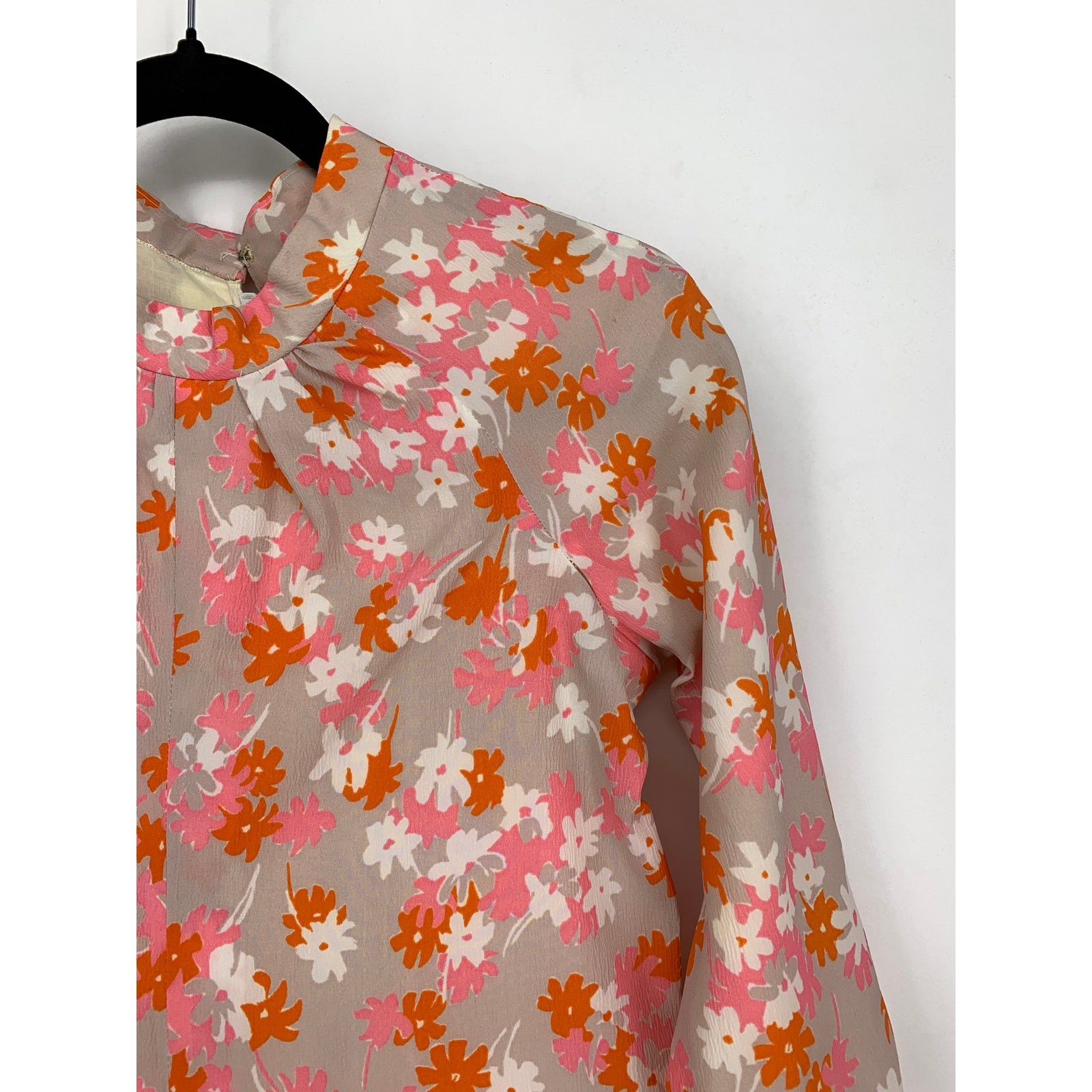 Vintage 70s Handmade Jumpsuit XSP Floral Print Straight Leg Gray Pink High Neck