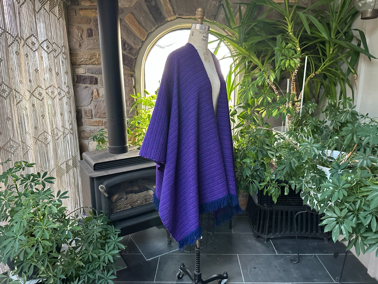 Vintage Bohemian Blue and Pink Hand Woven Stripe Wool Poncho Cape Shawl
