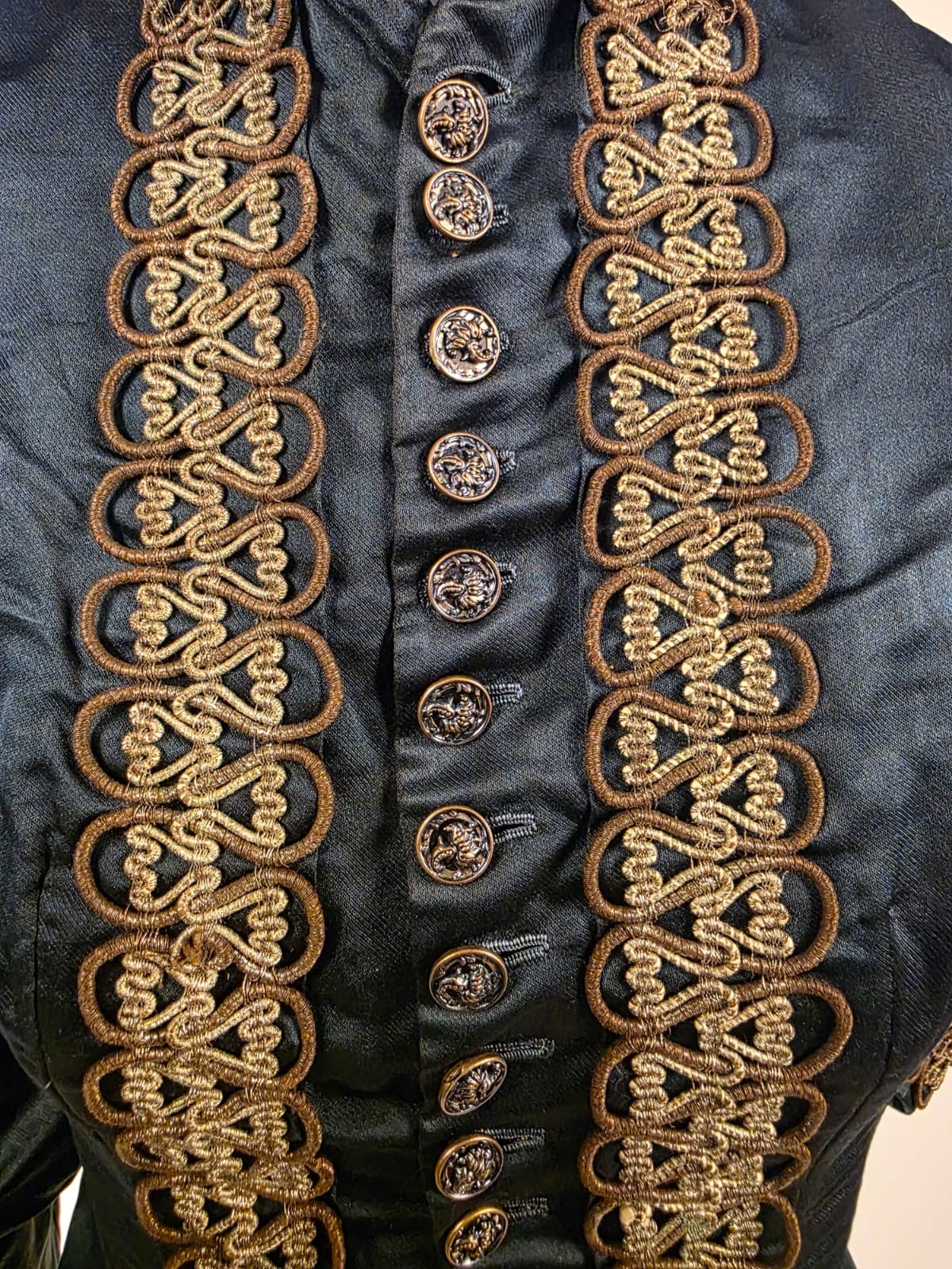 VICTORIAN 1890’S SILK SATIN BODICE W METALLIG GOLD LAME BRAID DETAIL