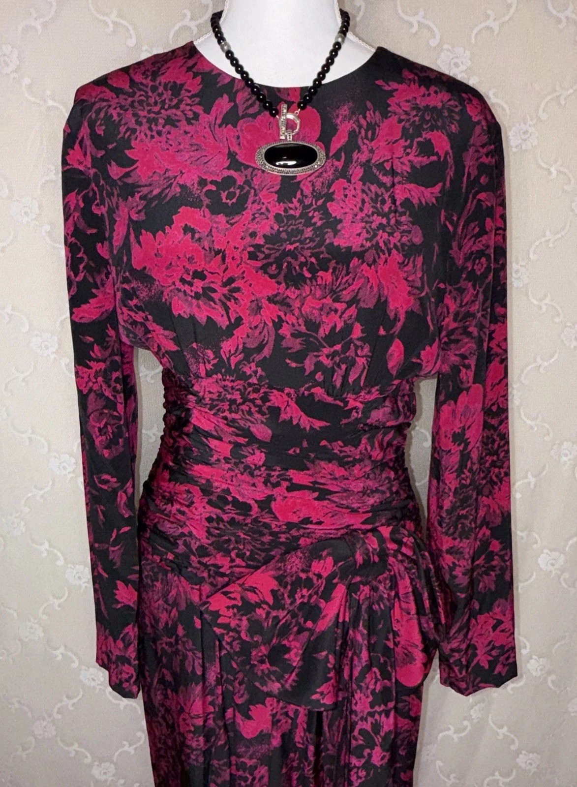 VTG Yves Cassette Magenta & Black Silk Bust Lined Cocktail Dress Sissy Bow SZ 10