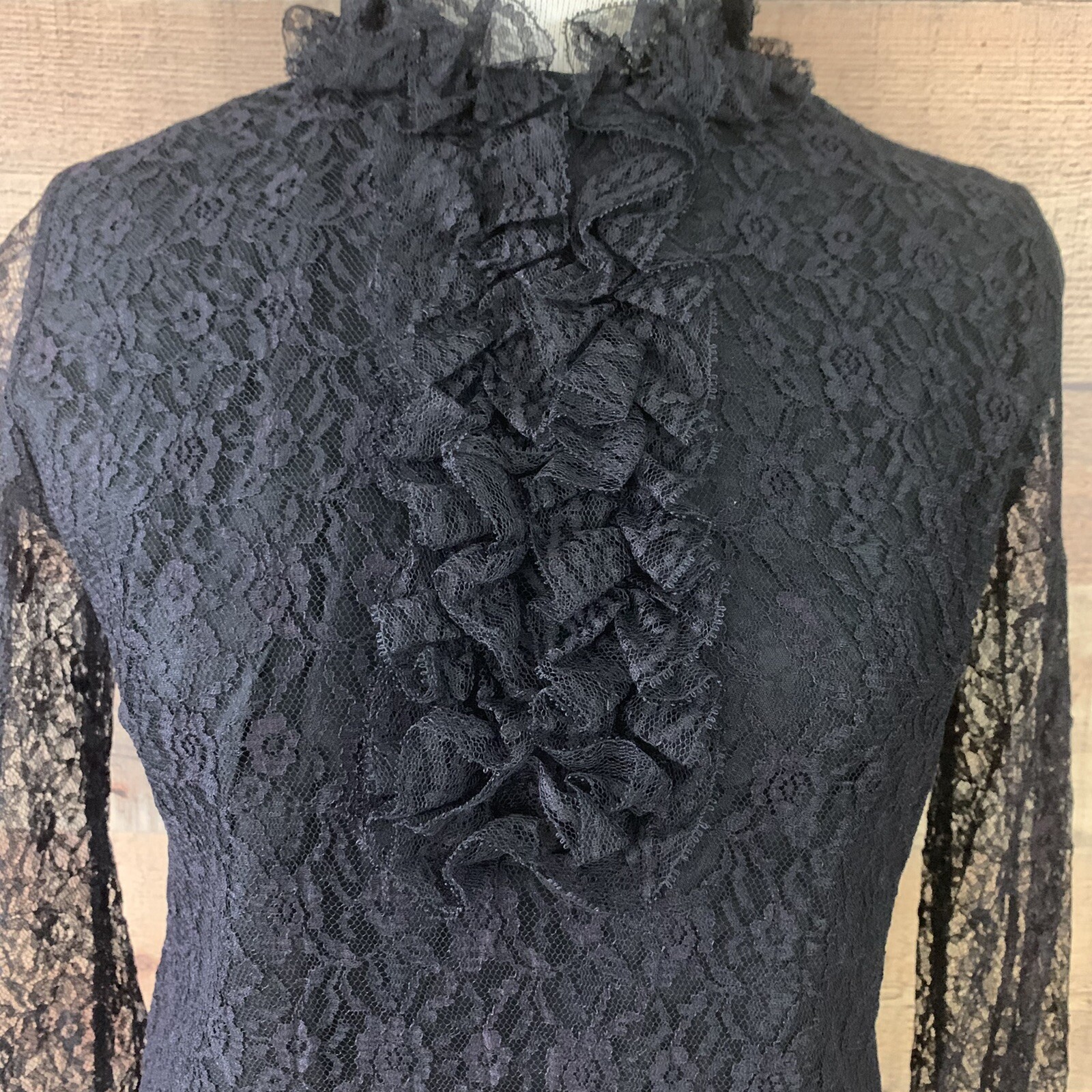 Vintage 1960’s Mod Black Lace Back Button Ruffled Lace Blouse Size S/34
