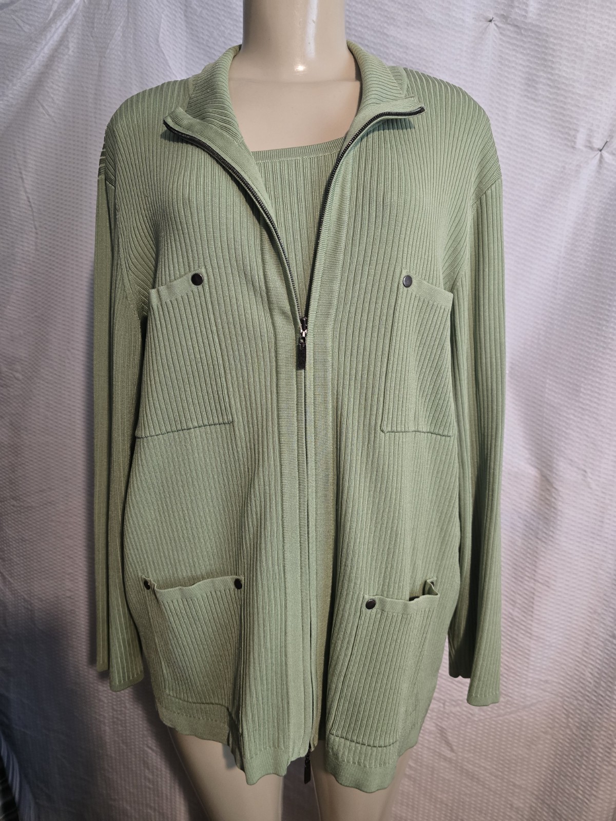 Elana by Tanner Silk 2-Piece Cardigan Jacket w Twin Tank Set Womens Size 2X Sage