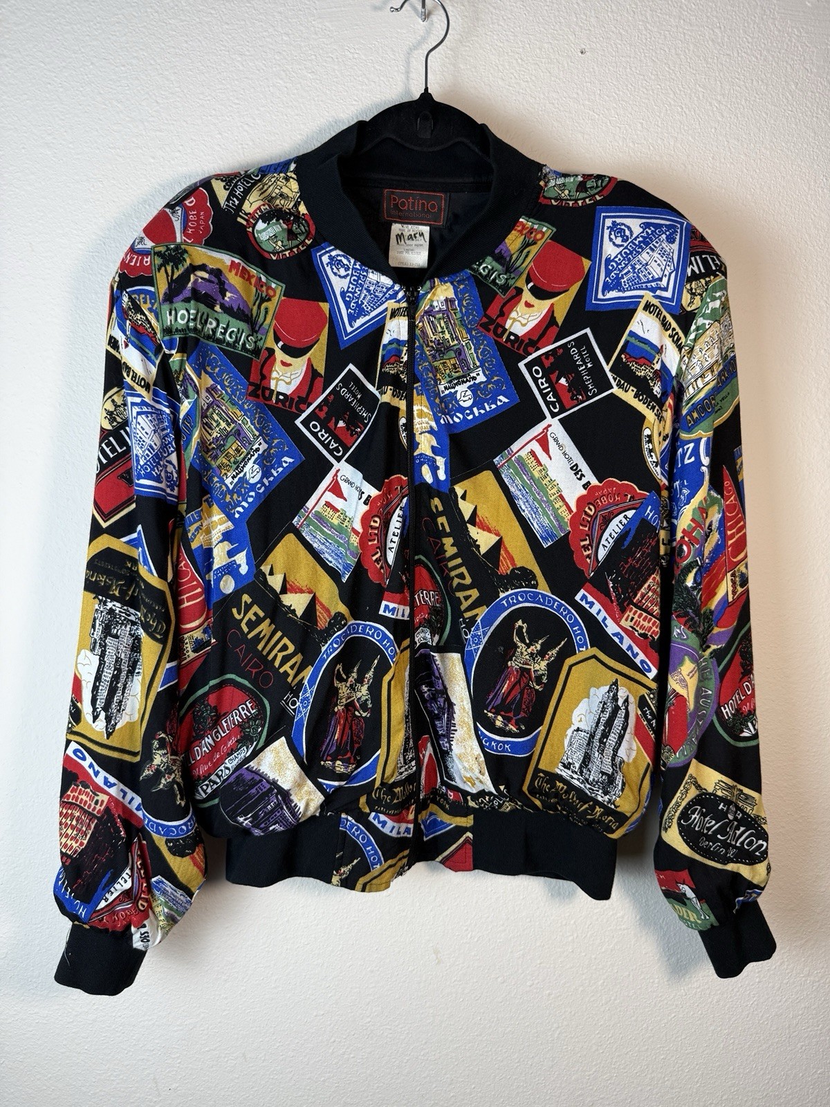 Vintage Patina International Novelty Passport Hotel Stamp Bomber Jacket Large