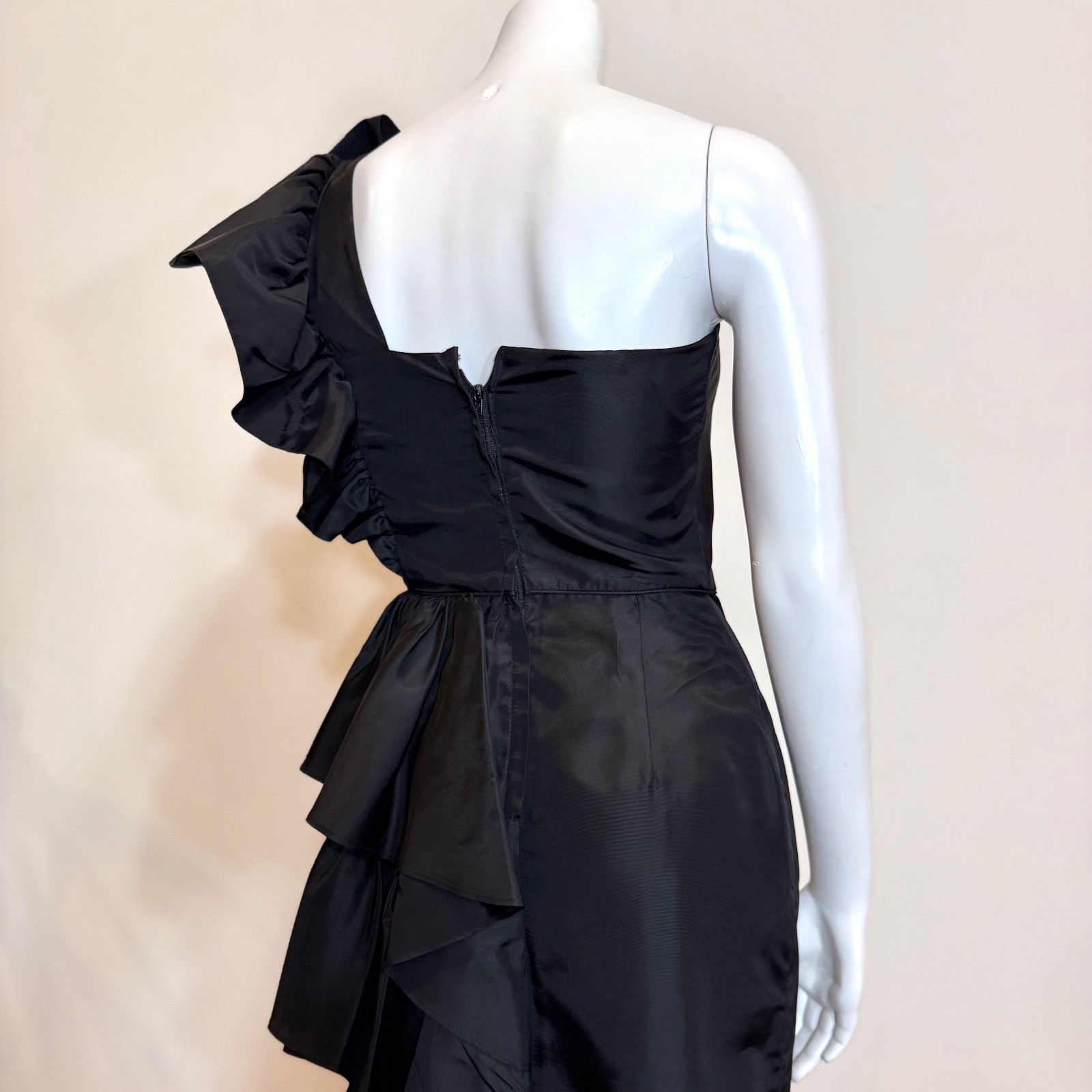 Vintage 80’s RUFFLE PARTY DRESS w RHINESTONE BOW S Cocktail Black Midi Evening