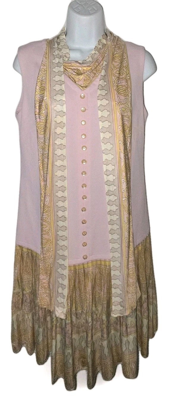 Vintage 60S Carol Craig Pink Multicolor sleeveless festival Dress W/ Scarf M/L