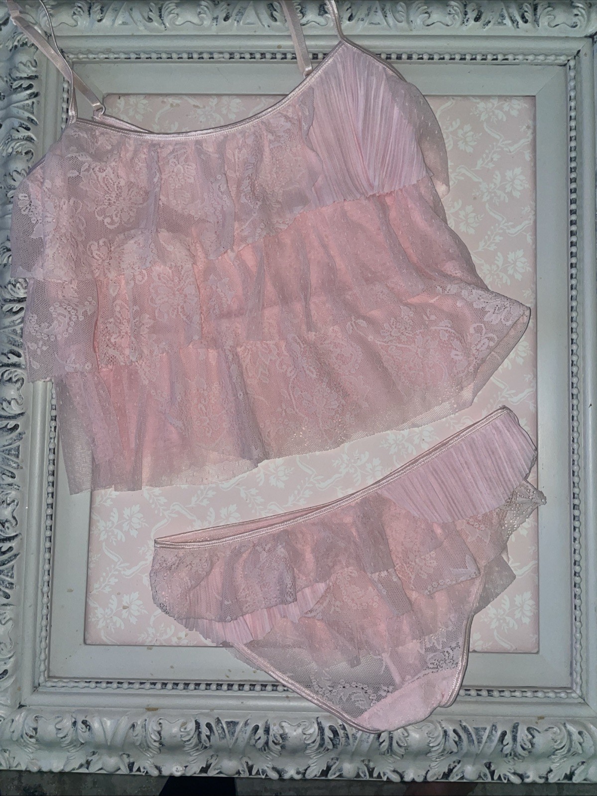 Victoria’s Secret Pink Tiered Lace Ruffled Cami Tank top L & Lace Panties M PJ