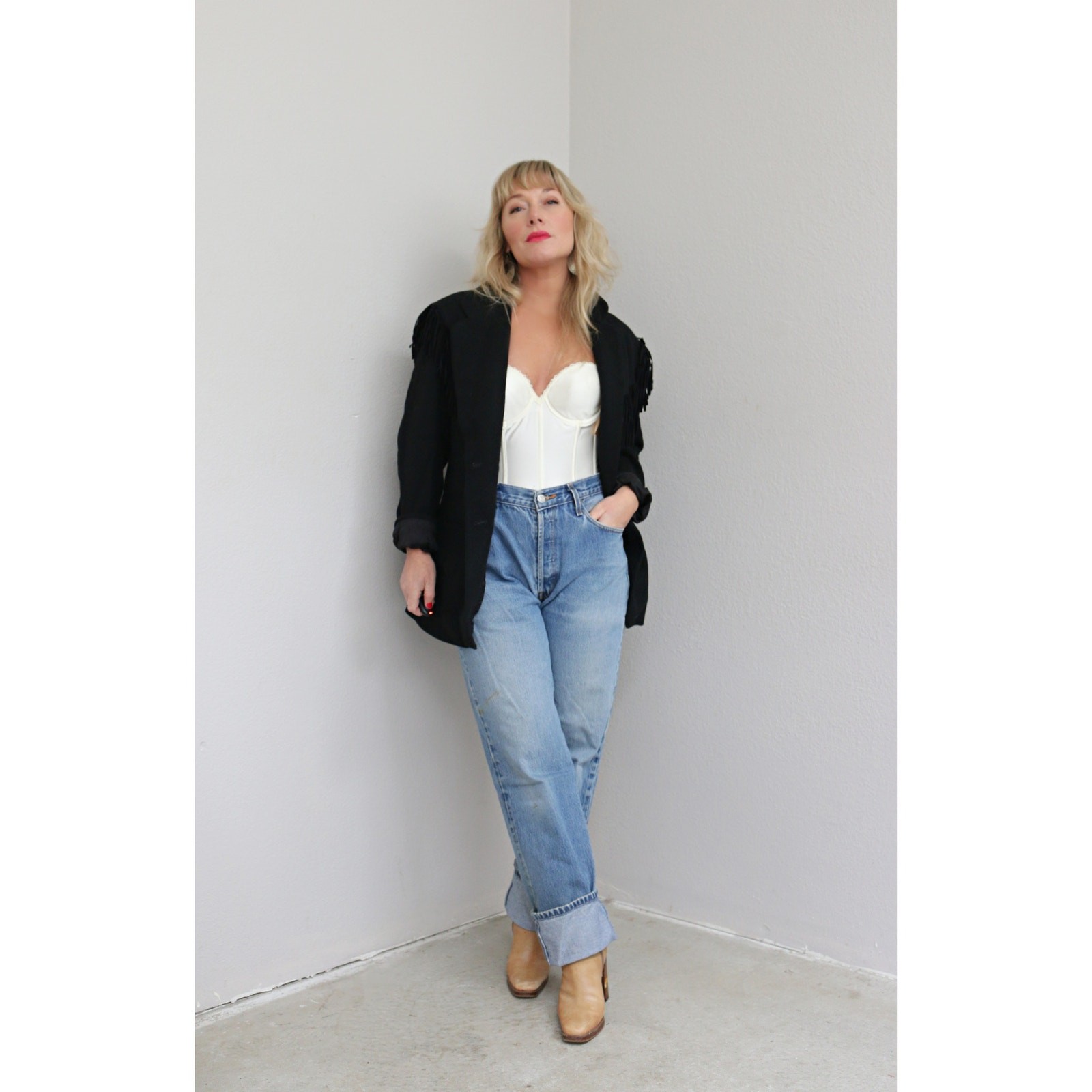 1990’s Vintage Adolfo Black Wool Fringe Blazer ~ Women’s MD LG ~ Western Jacket