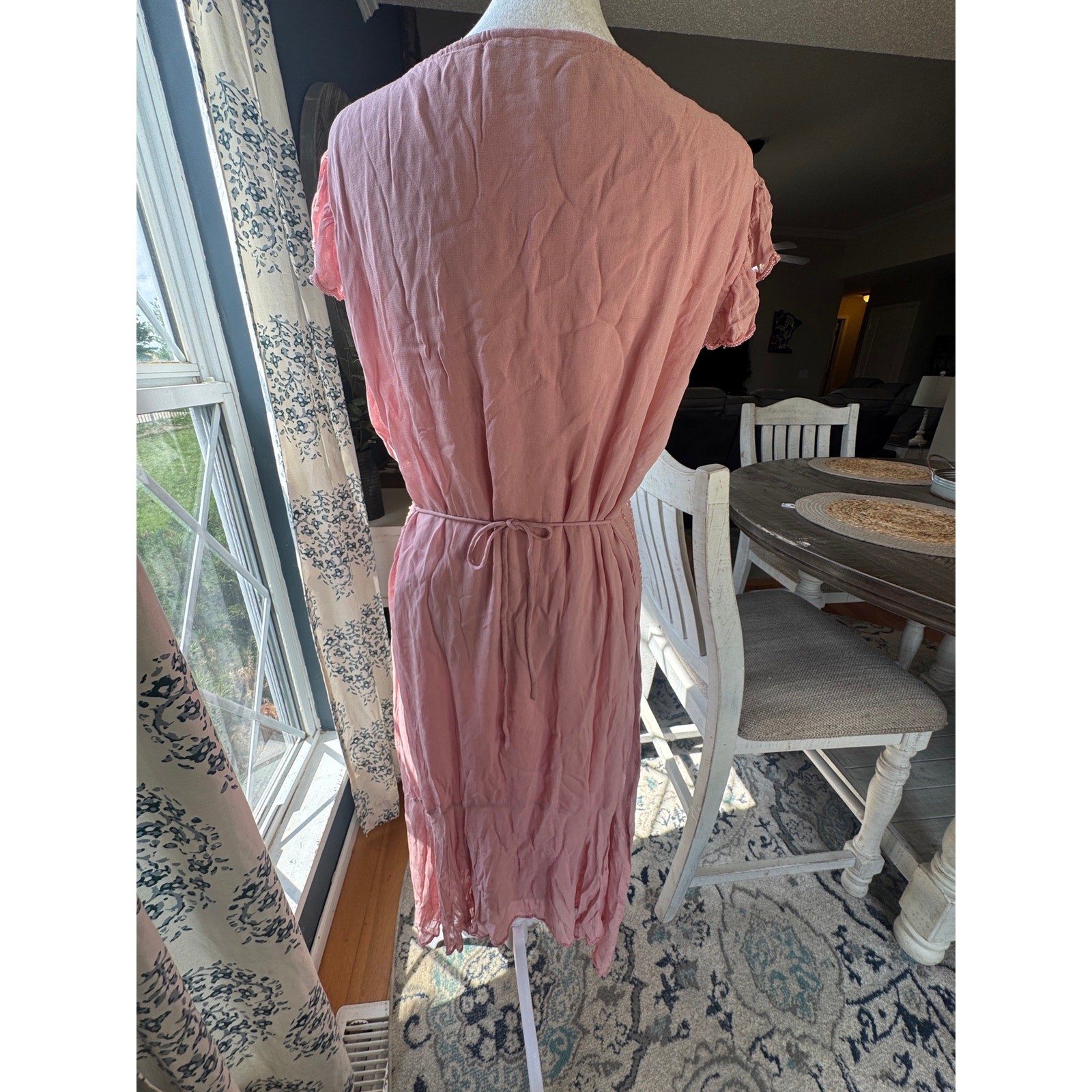 Vtg Y2K Papillon Dress L Pink Beaded Sequin Flutter Sleeve Midi Handkerchief