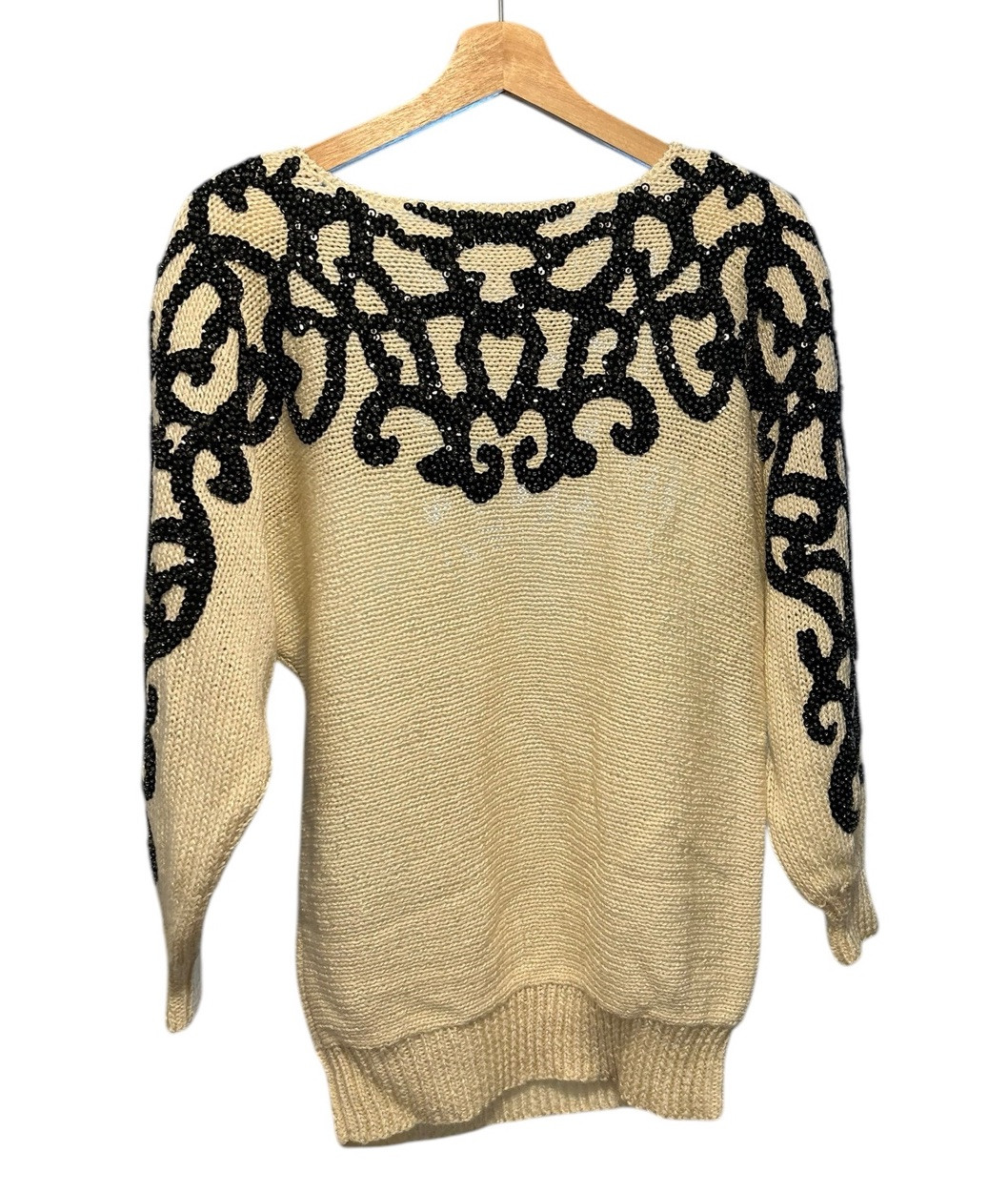 Vtg 80s Nannell Sequins Appliqué Embellished Knit Sweater Size S/M Black Ivory